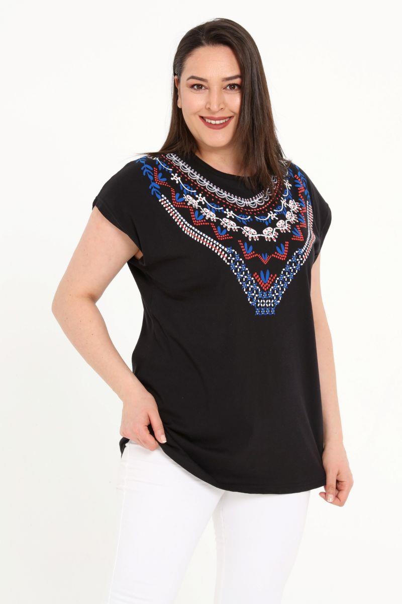 Tshirt Büyük Beden Yakası Baskılı Yarasa Kol T-Shirt Siyah