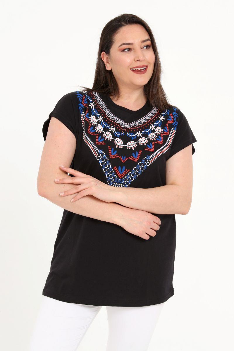 Tshirt Büyük Beden Yakası Baskılı Yarasa Kol T-Shirt Siyah