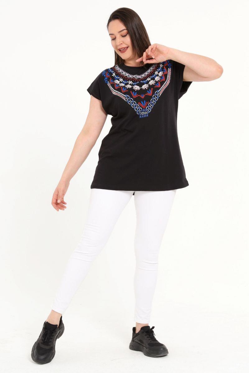 Tshirt Büyük Beden Yakası Baskılı Yarasa Kol T-Shirt Siyah