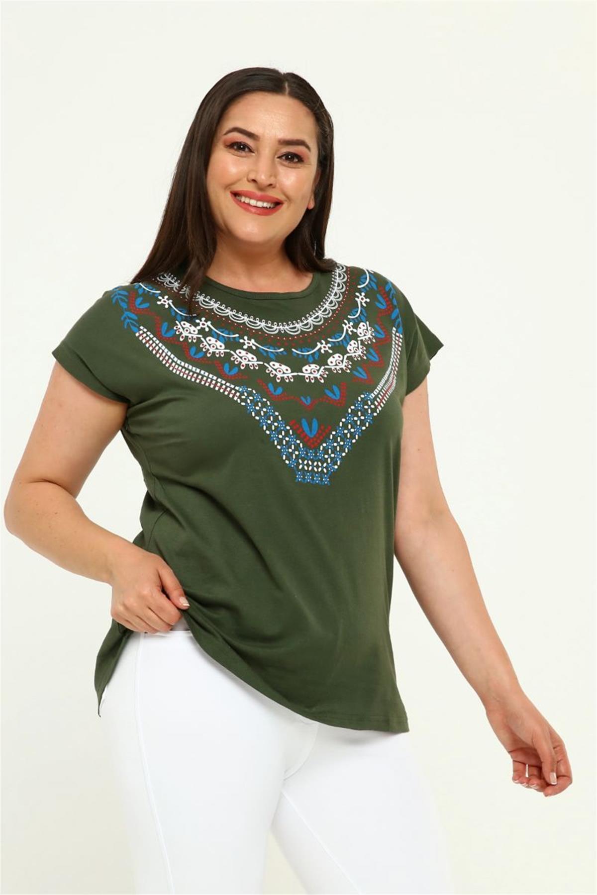 Tshirt Büyük Beden Yakası Baskılı Yarasa Kol T-Shirt Haki