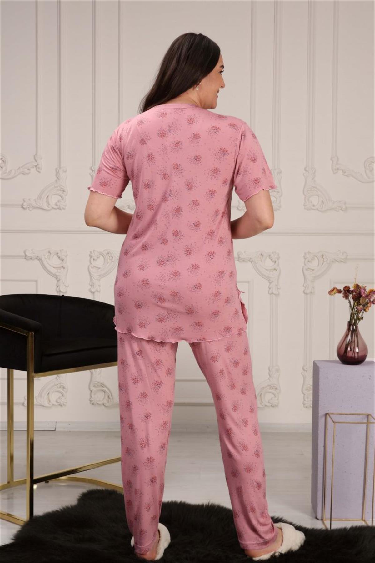 Pijama Takımı Büyük Beden Yakası Dantelli Pijama Takımı Gül Kurusu