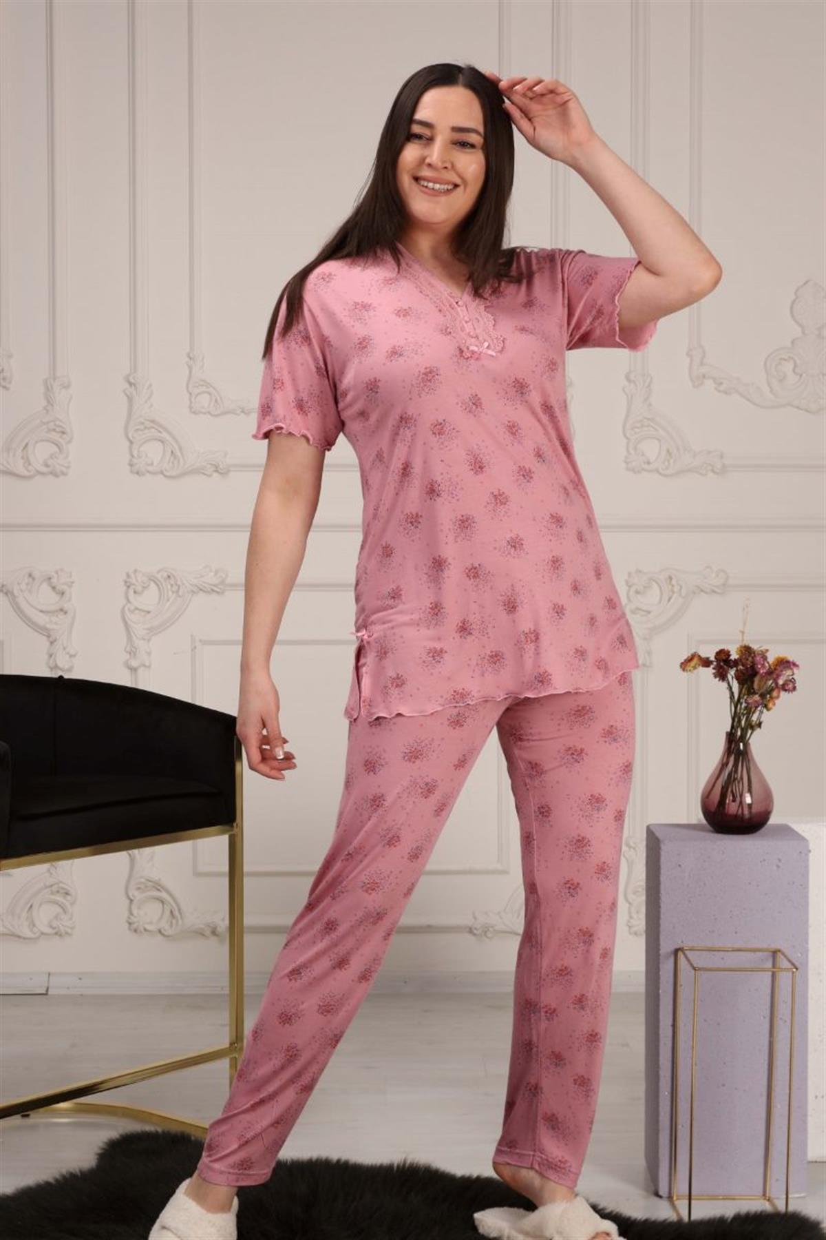 Pijama Takımı Büyük Beden Yakası Dantelli Pijama Takımı Gül Kurusu