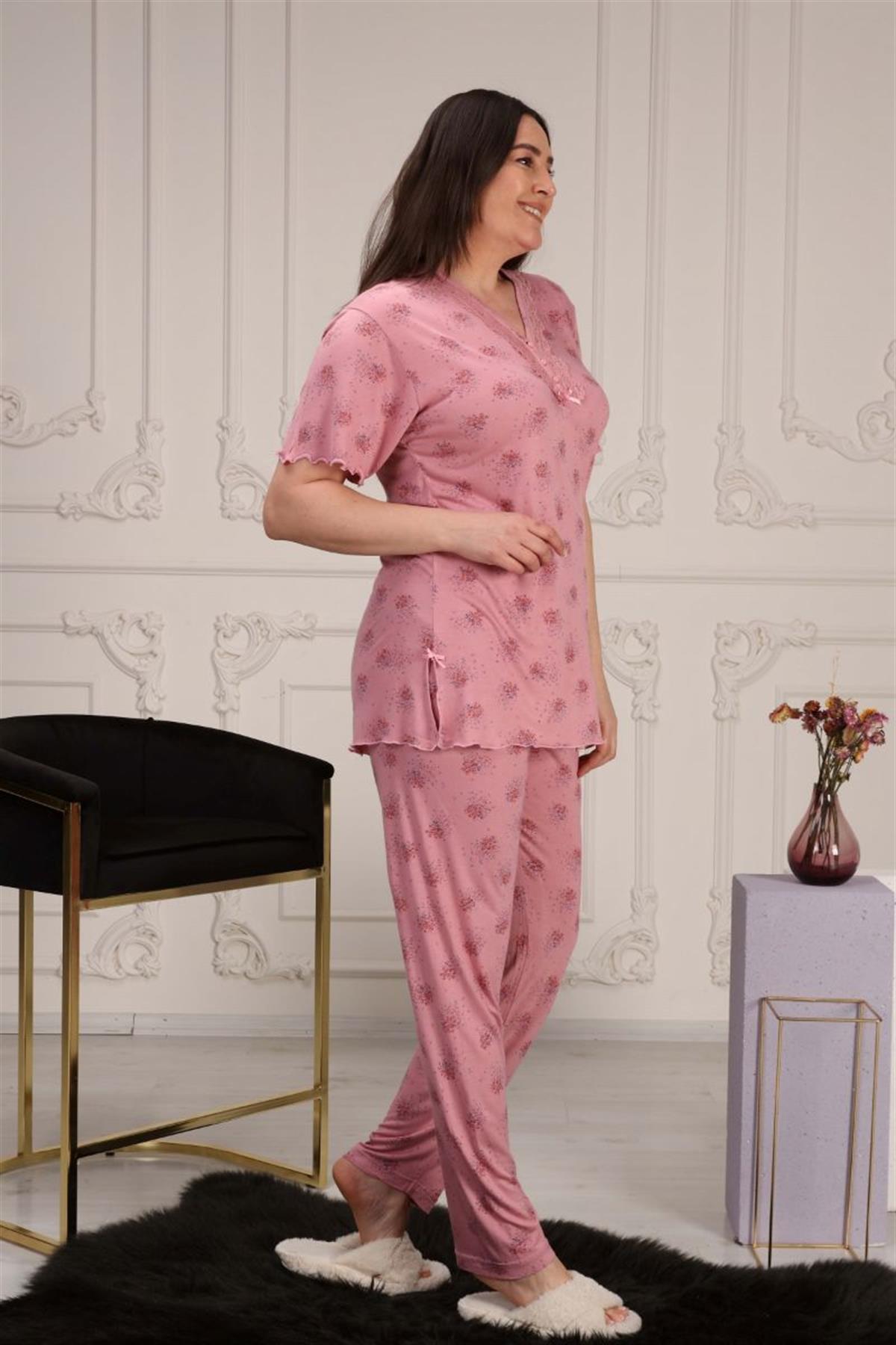 Pijama Takımı Büyük Beden Yakası Dantelli Pijama Takımı Gül Kurusu