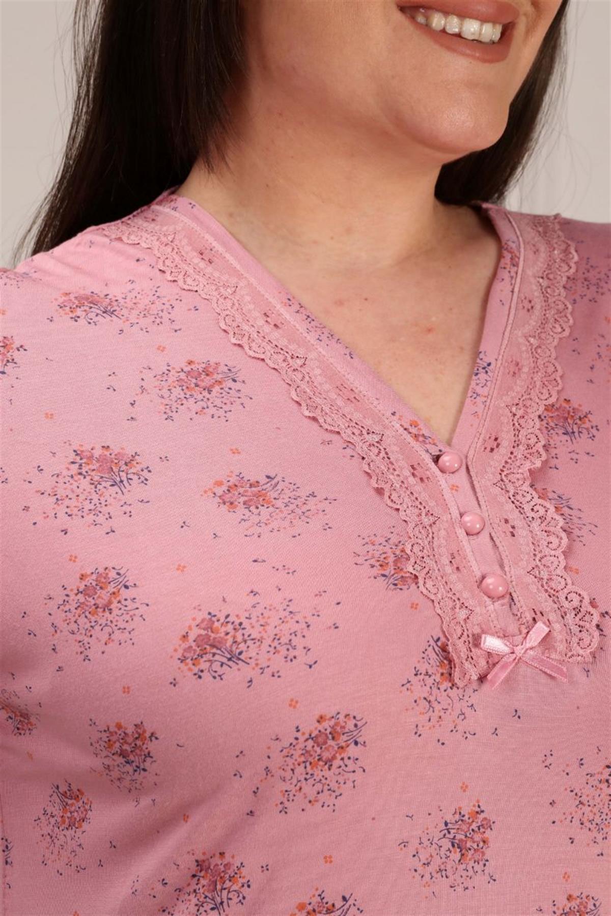 Pijama Takımı Büyük Beden Yakası Dantelli Pijama Takımı Gül Kurusu