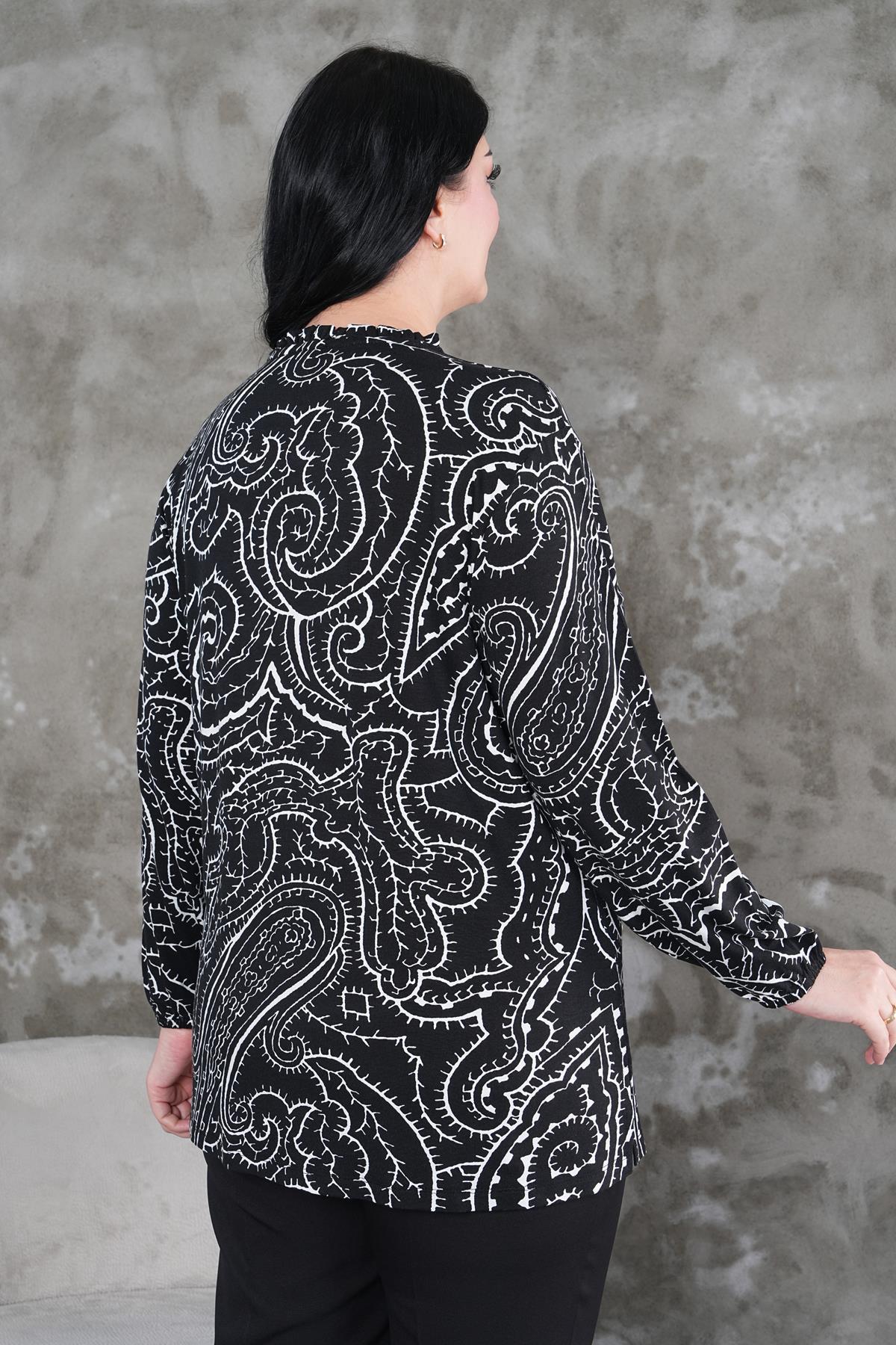 Uzun Kol Bluz Büyük Beden Yakası Fırfırlı Kolları Lastikli Oversize Bluz