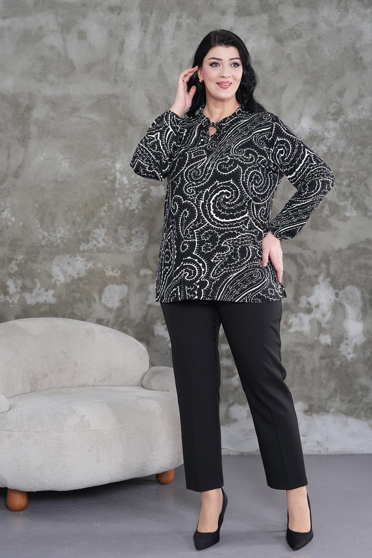 Uzun Kol Bluz Büyük Beden Yakası Fırfırlı Kolları Lastikli Oversize Bluz