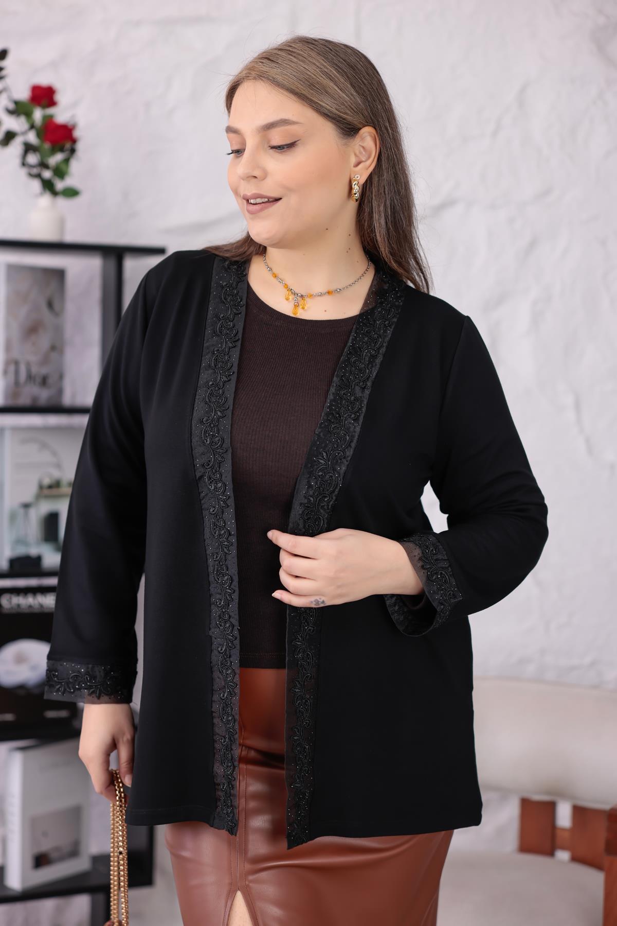 Hırka Büyük Beden Yakası Kolları Dantel Taşlı Şık Hırka