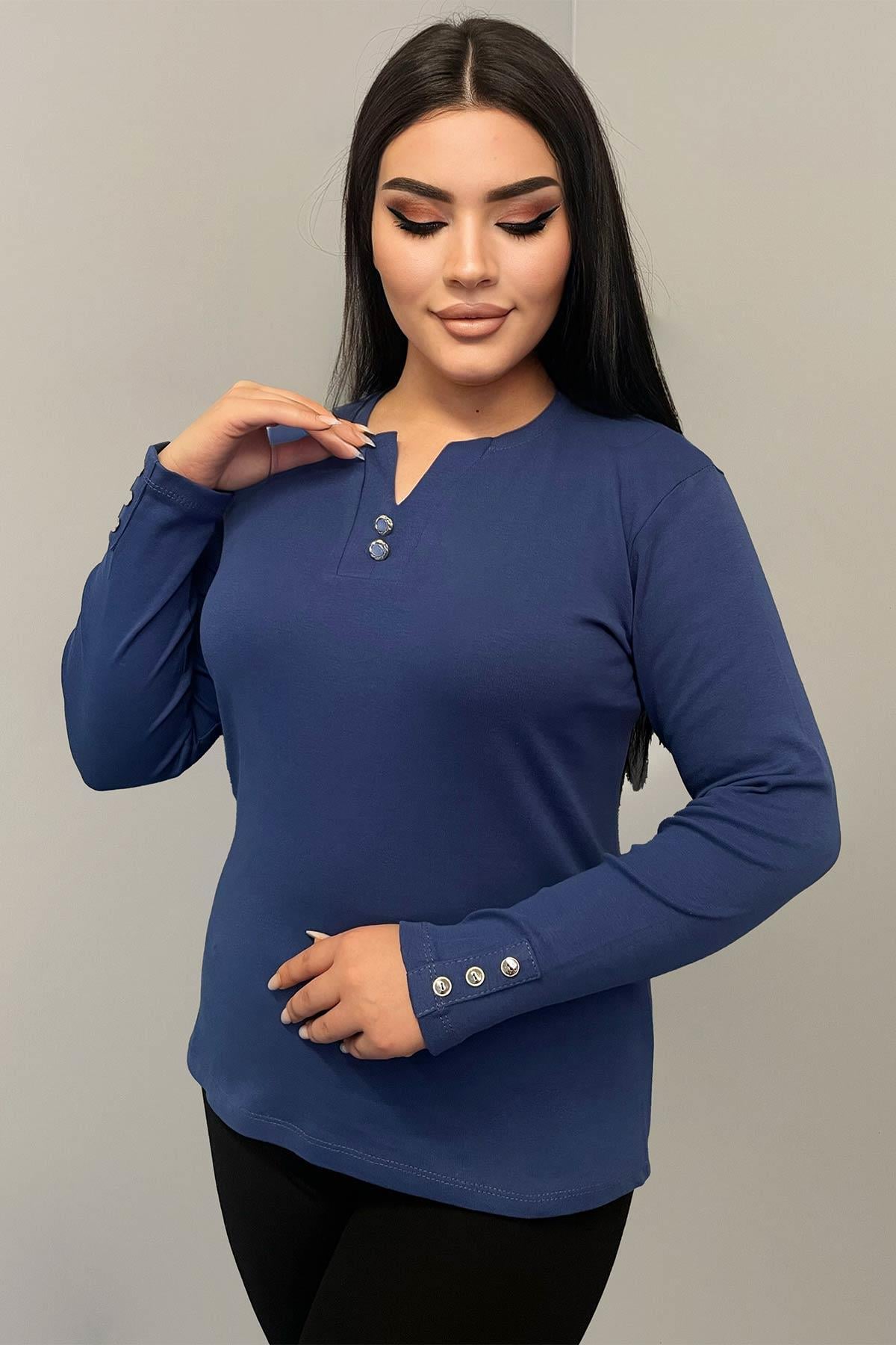 Uzun Kol Bluz Büyük Beden Yakası Sedef Düğmeli Kolları Patlı Pamuklu Bluz