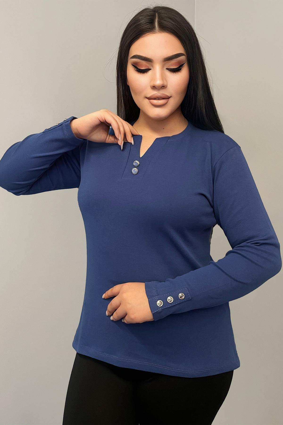 Uzun Kol Bluz Büyük Beden Yakası Sedef Düğmeli Kolları Patlı Pamuklu Bluz