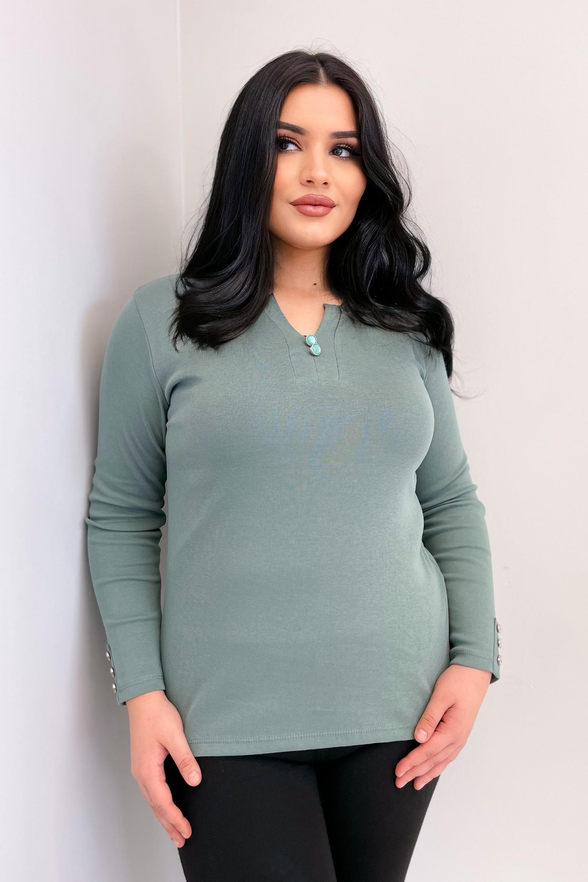 Uzun Kol Bluz Büyük Beden Yakası Sedef Düğmeli ve Manşetleri Patlı Bluz Mint Yeşili