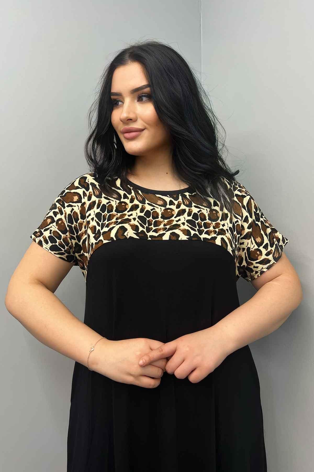Elbise Büyük Beden Yakasıı Leopar Desen Cepli Elbise