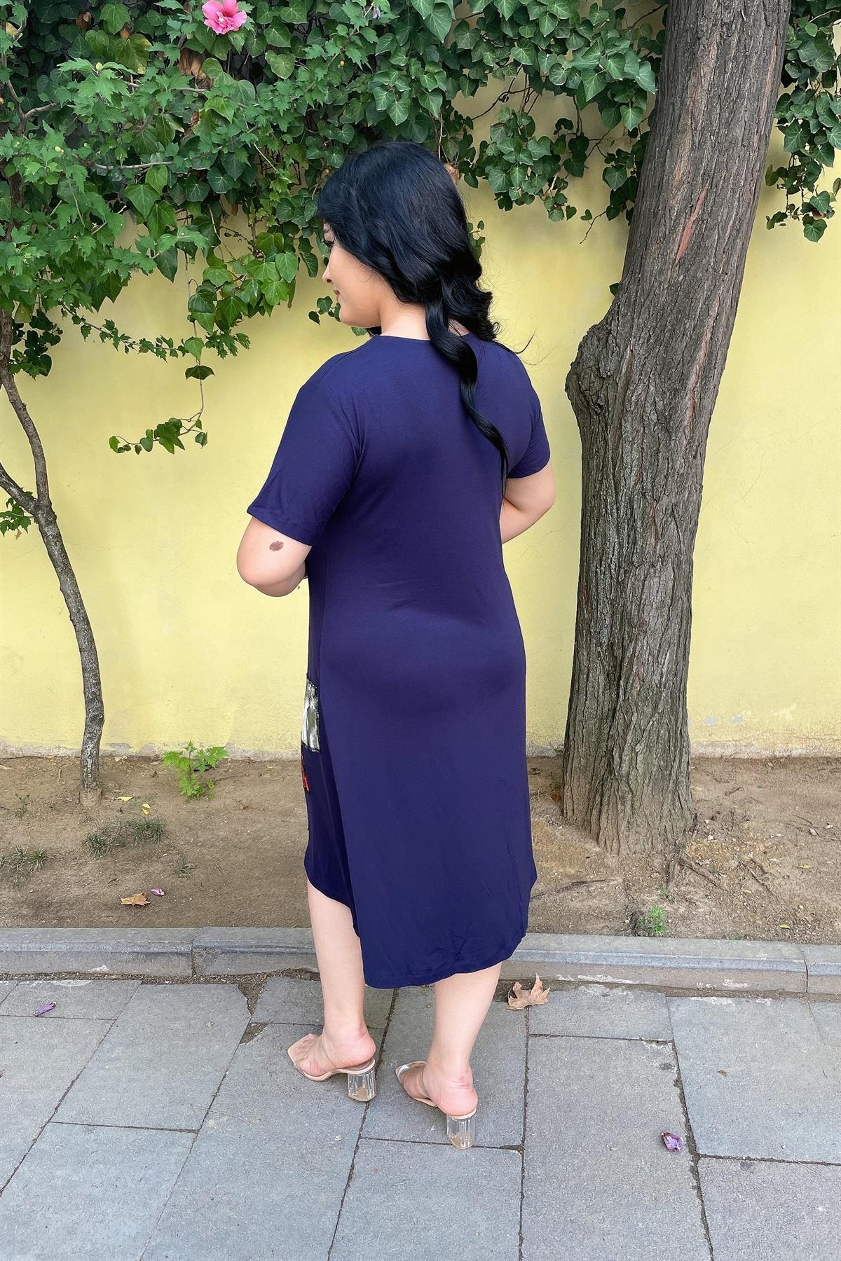 Elbise Büyük Beden Yamalı Elbise Lacivert
