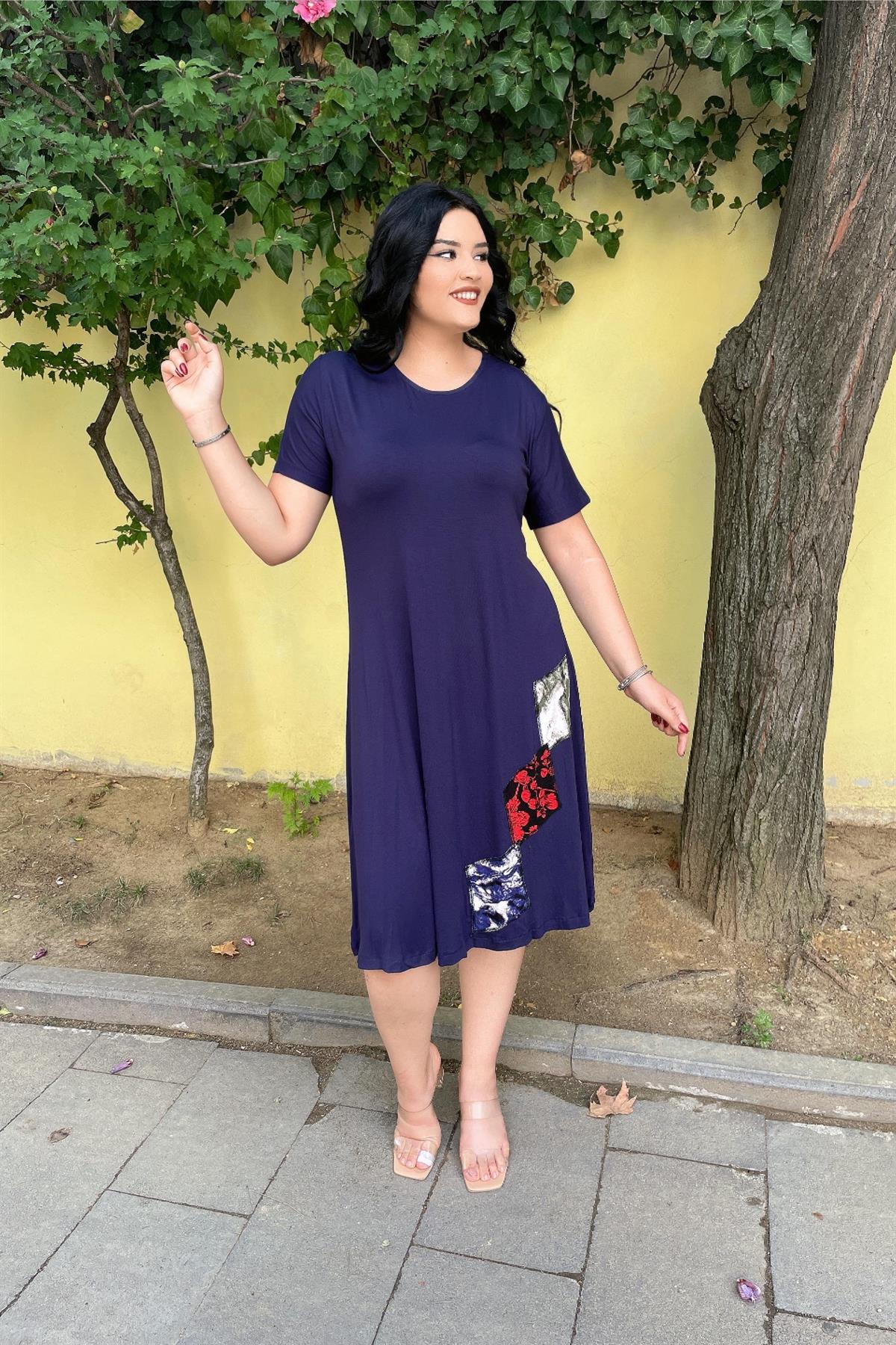Elbise Büyük Beden Yamalı Elbise Lacivert