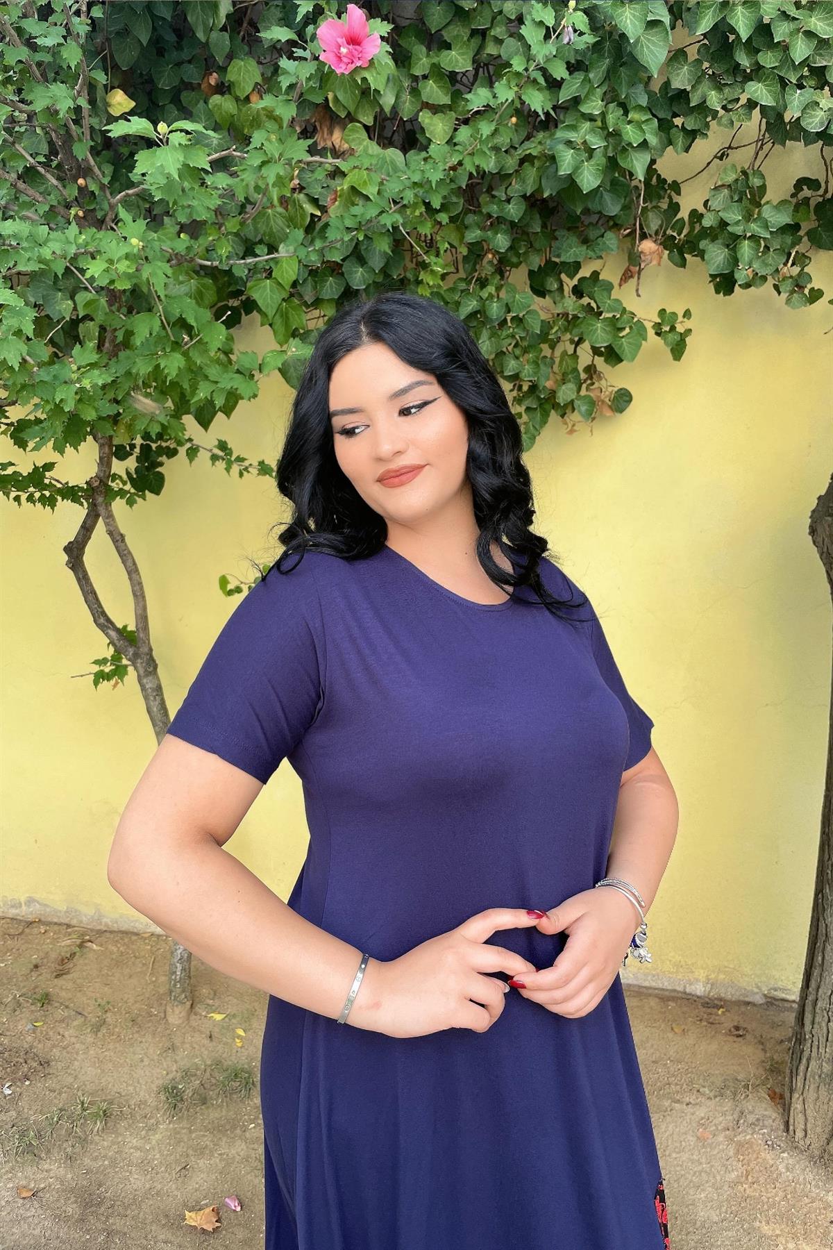 Elbise Büyük Beden Yamalı Elbise Lacivert