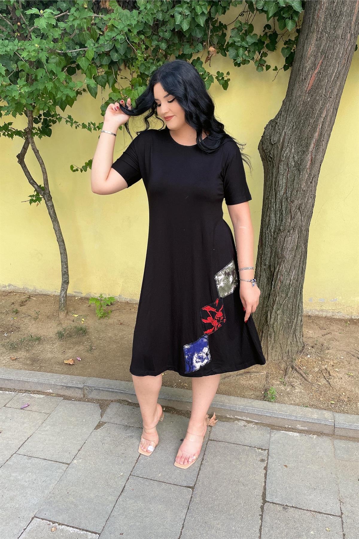 Elbise Büyük Beden Yamalı Elbise Siyah