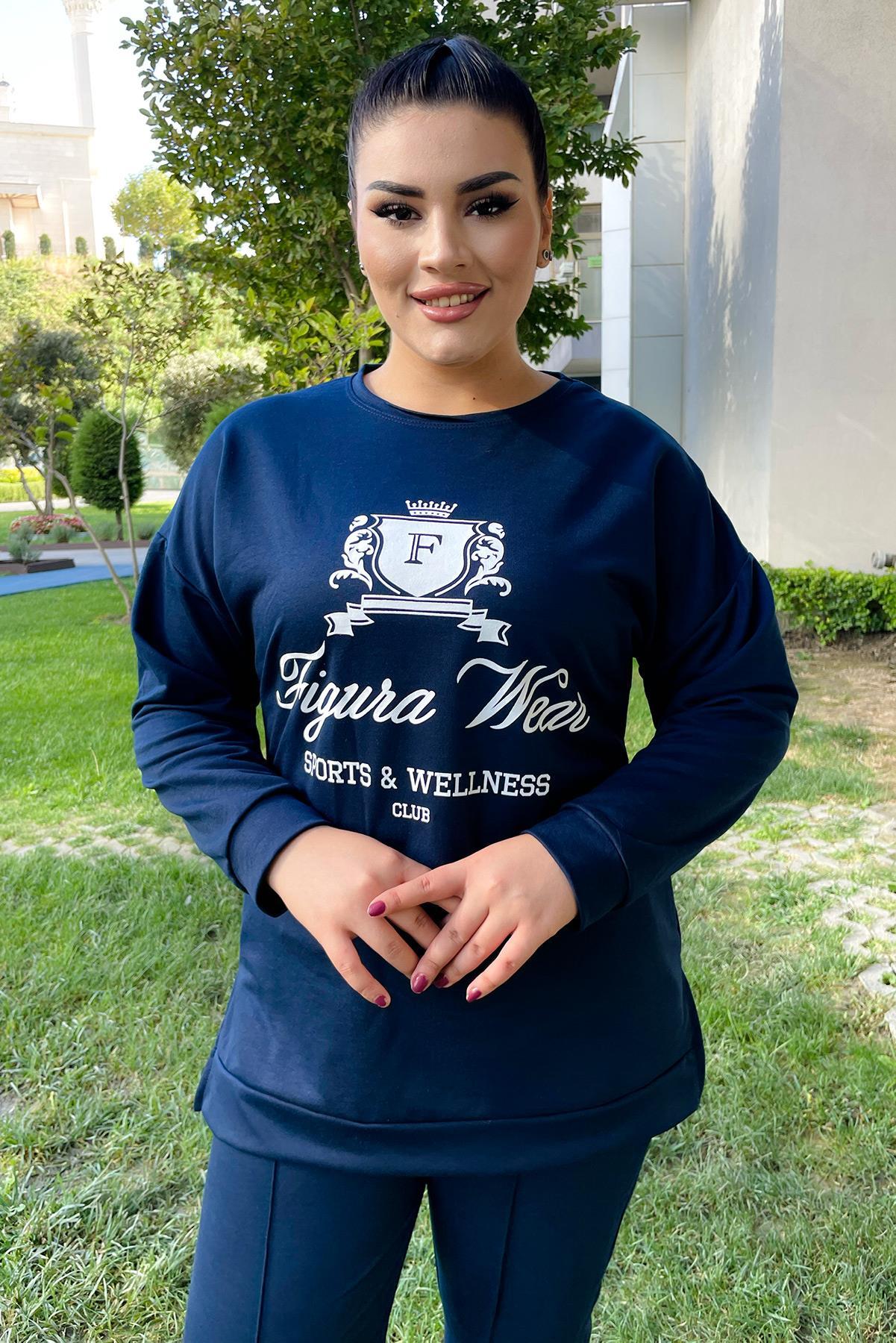 Sweatshirt Büyük Beden Yanları Yırtmaçlı Basıc Swatshirt Lacivert
