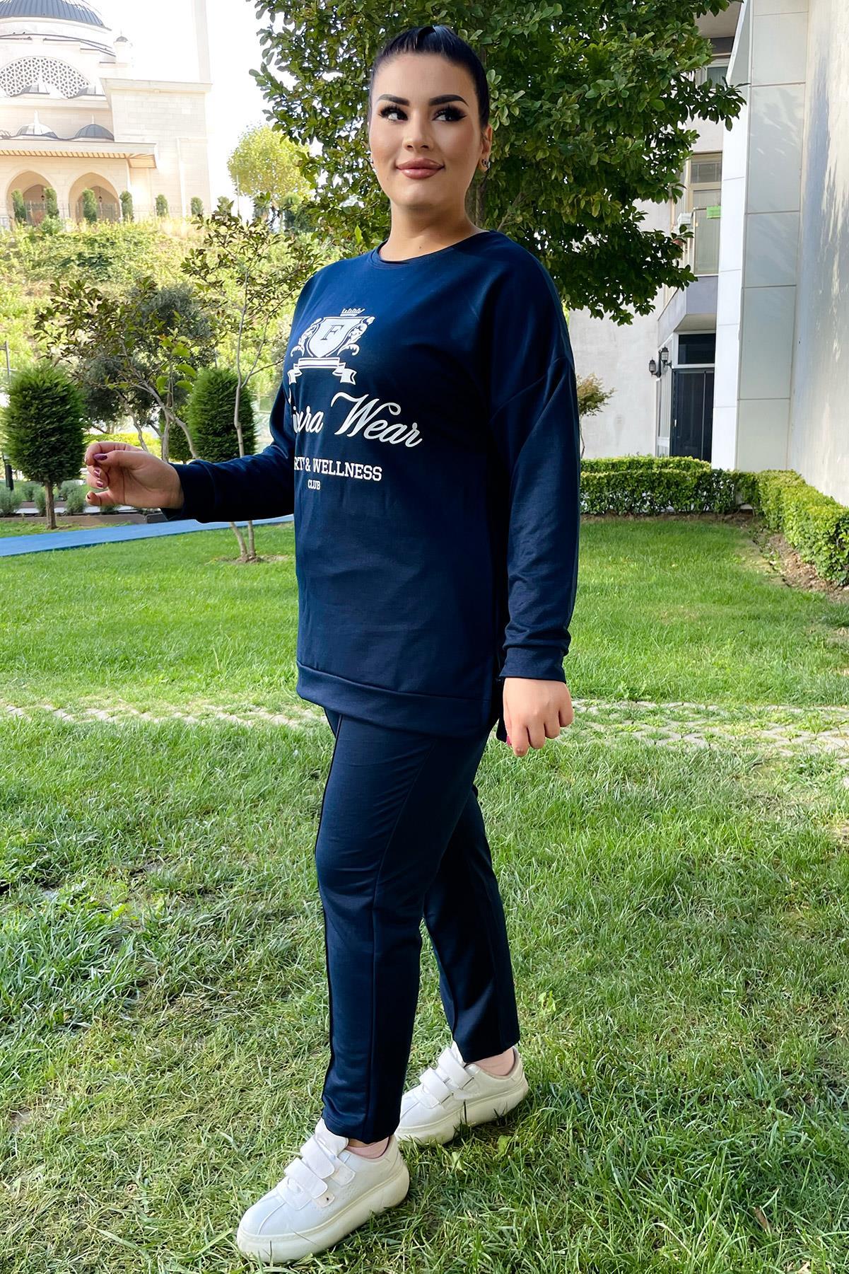 Sweatshirt Büyük Beden Yanları Yırtmaçlı Basıc Swatshirt Lacivert