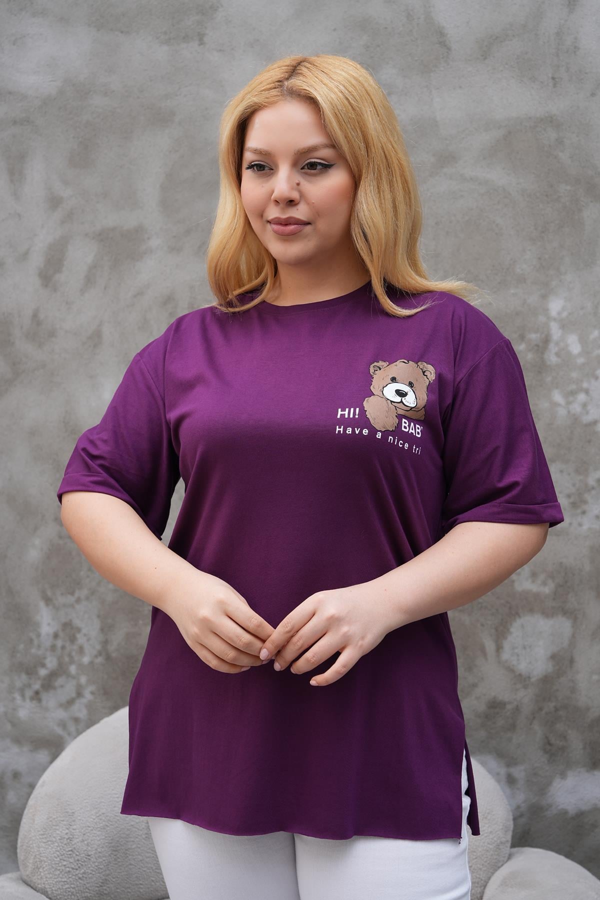 Kısa Kol Bluz Büyük Beden Yanları Yırtmaçlı Duble Kol Tshirt
