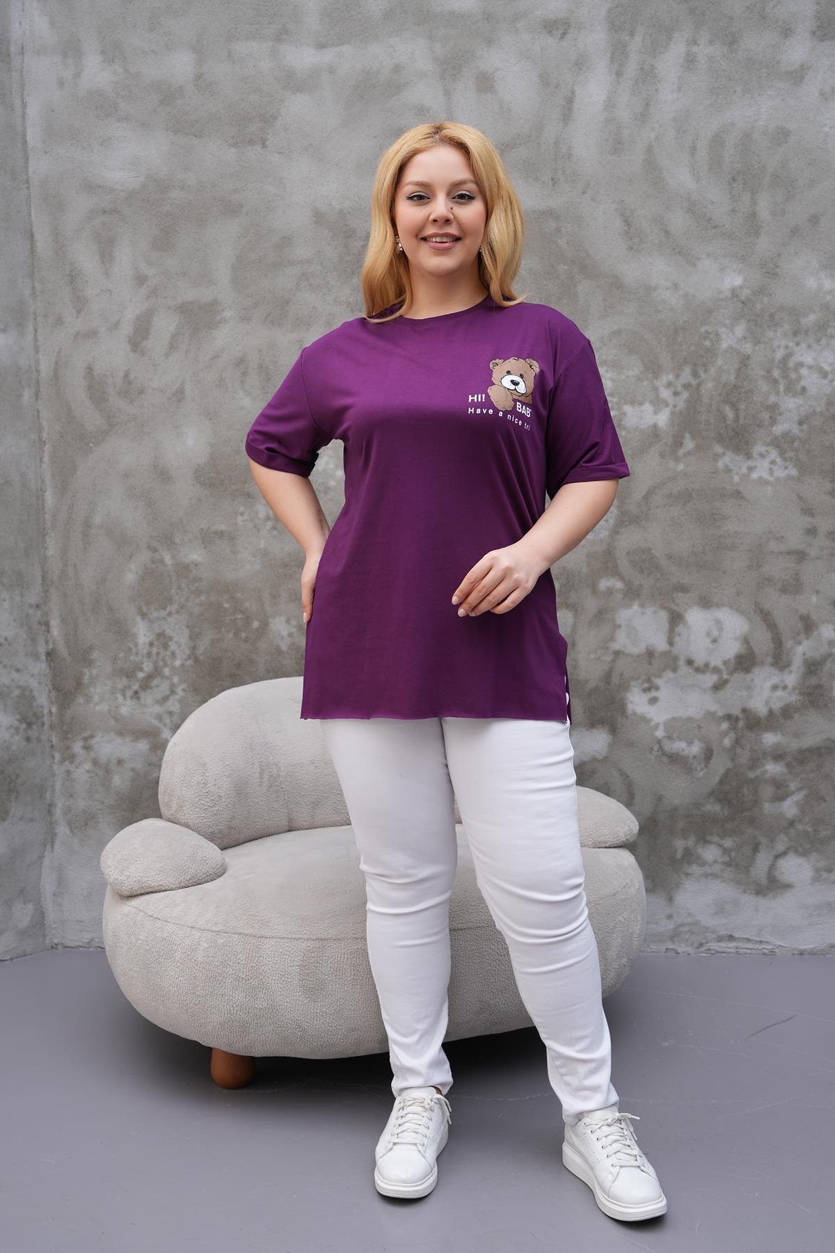 Kısa Kol Bluz Büyük Beden Yanları Yırtmaçlı Duble Kol Tshirt