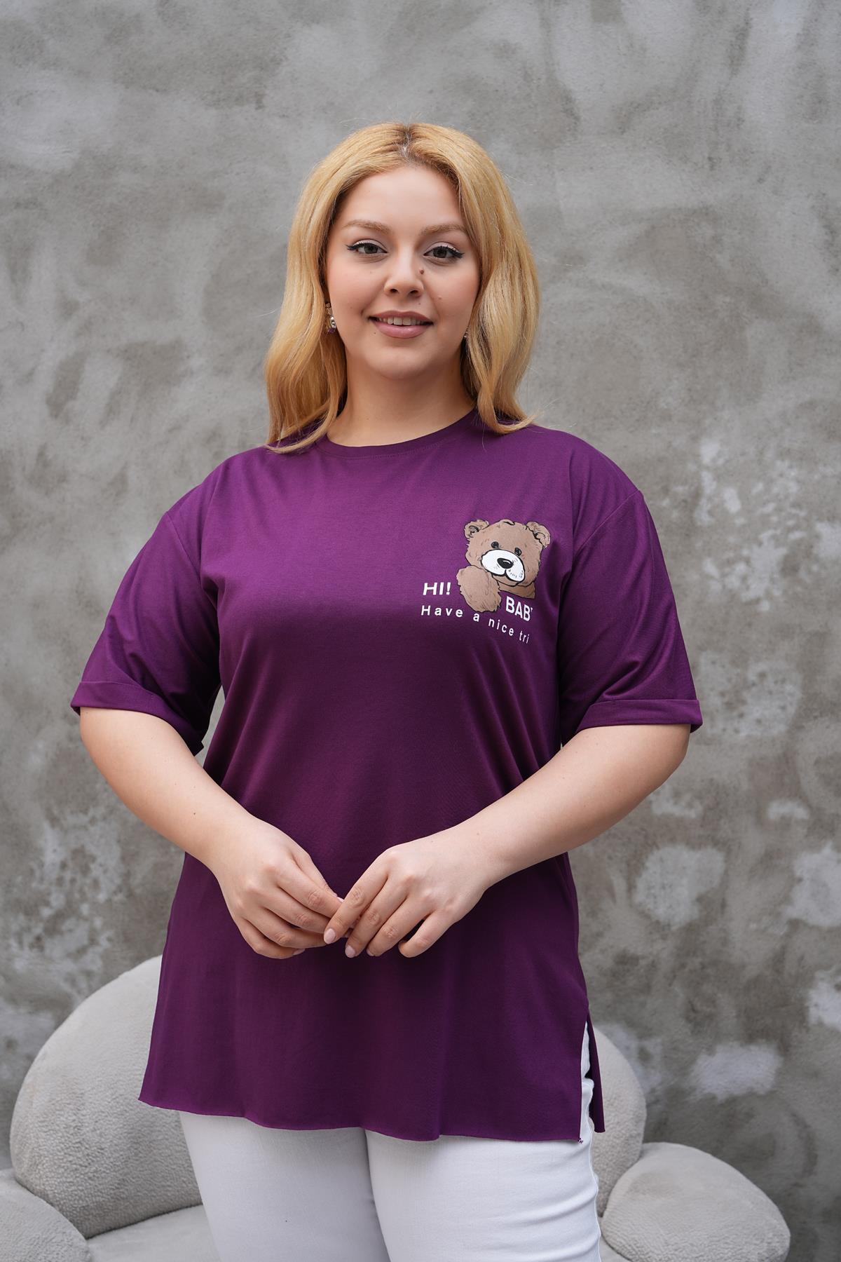 Kısa Kol Bluz Büyük Beden Yanları Yırtmaçlı Duble Kol Tshirt