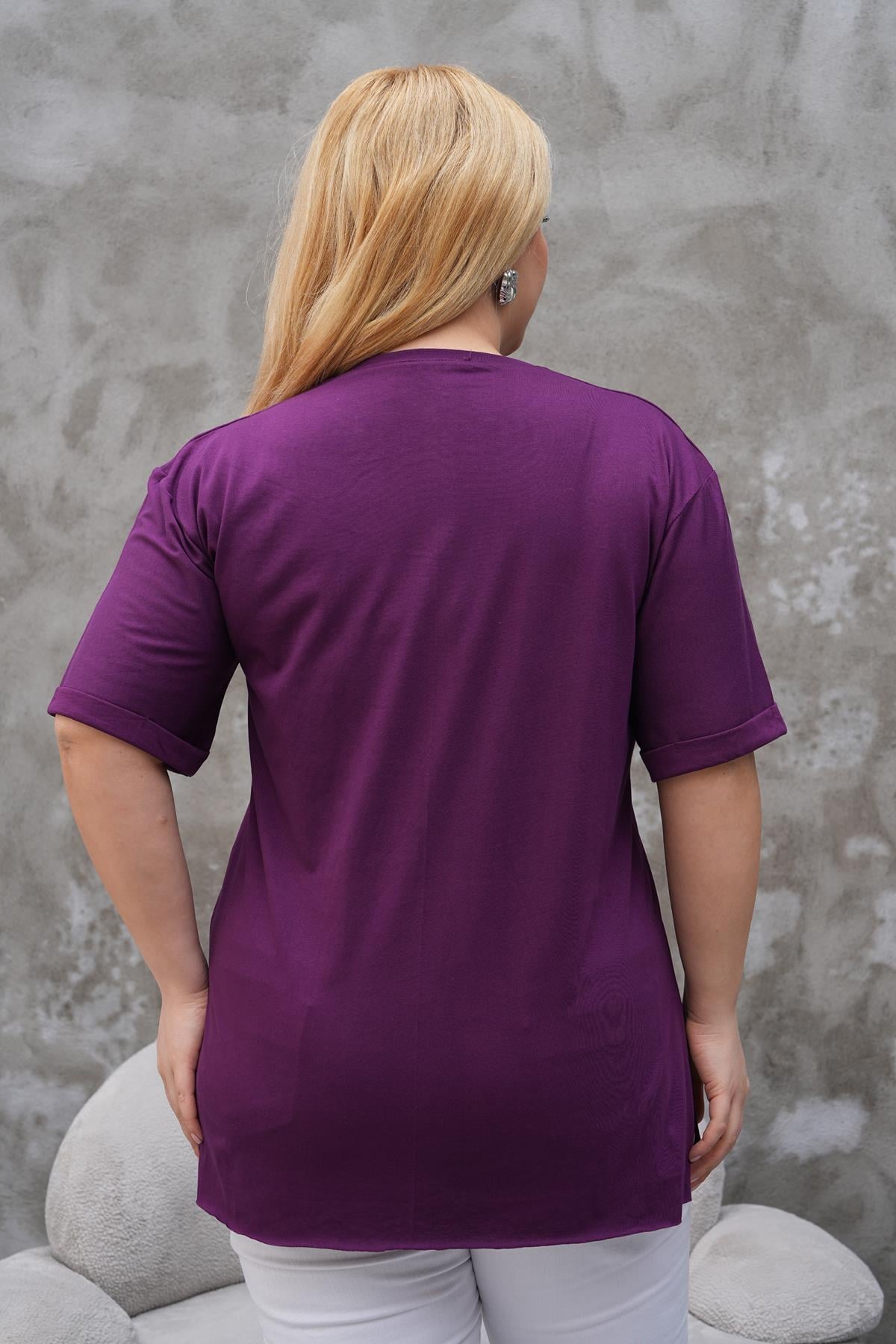 Kısa Kol Bluz Büyük Beden Yanları Yırtmaçlı Duble Kol Tshirt