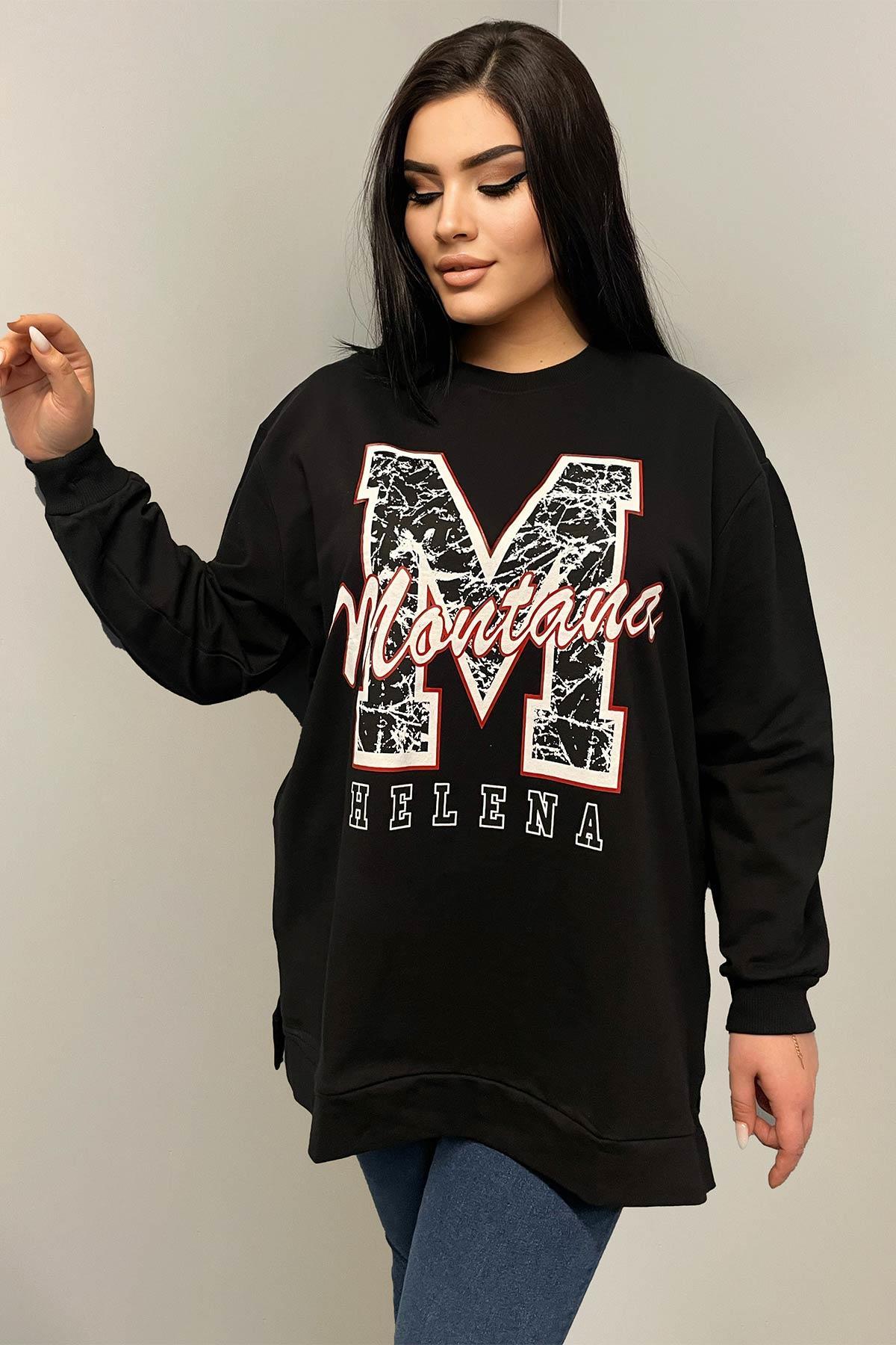 Sweatshirt Büyük Beden Yanları Yırtmaçlı Oversize Sweatshirt Siyah