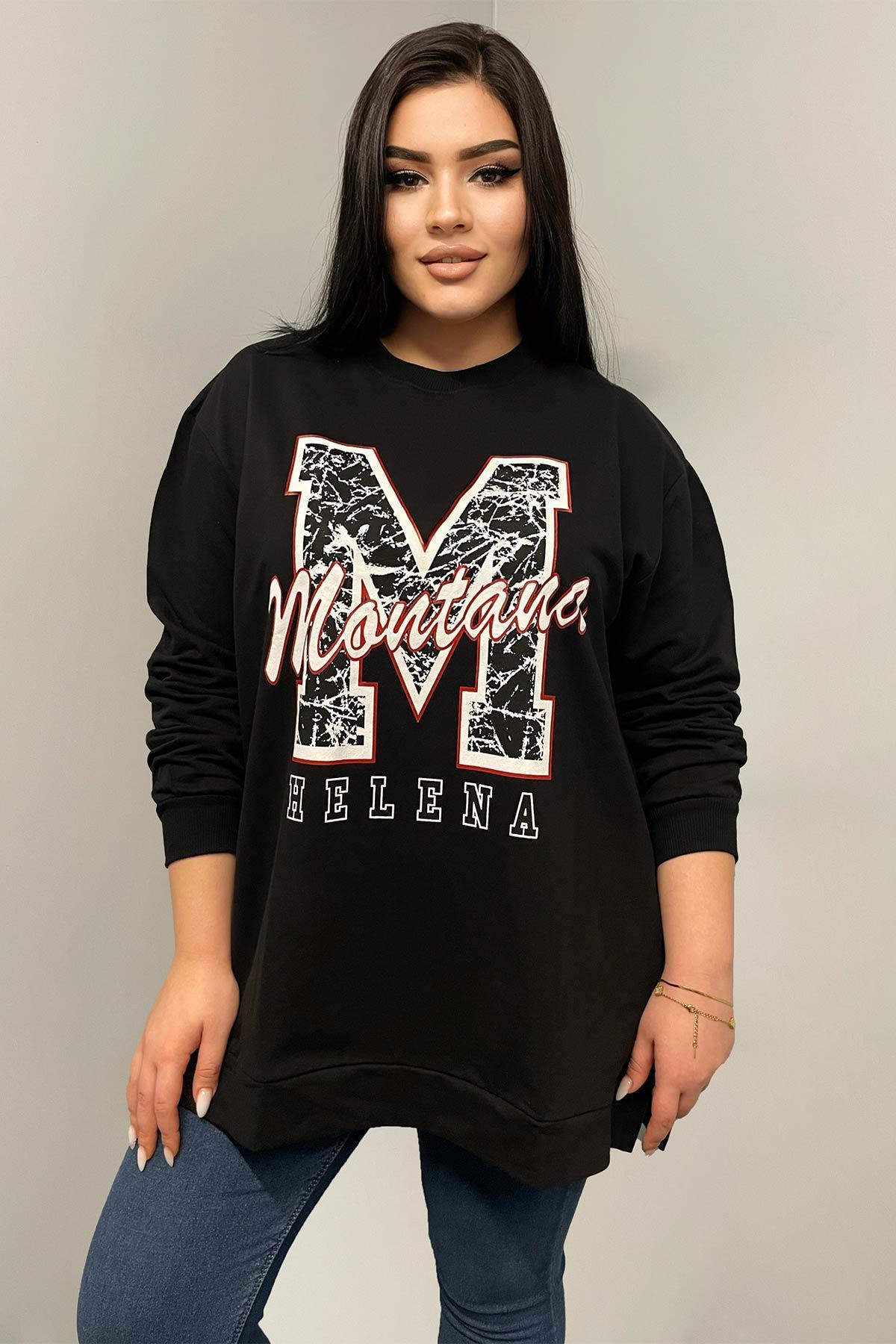 Sweatshirt Büyük Beden Yanları Yırtmaçlı Oversize Sweatshirt Siyah