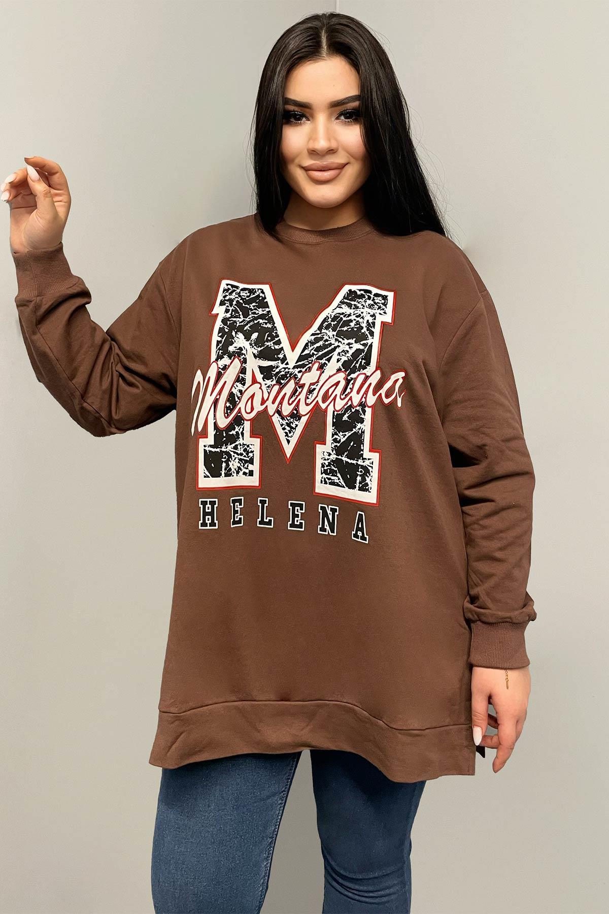 Sweatshirt Büyük Beden Yanları Yırtmaçlı Oversize Sweatshirt Kahverengi