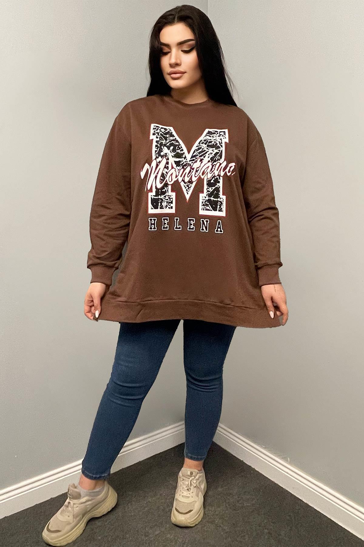 Sweatshirt Büyük Beden Yanları Yırtmaçlı Oversize Sweatshirt Kahverengi