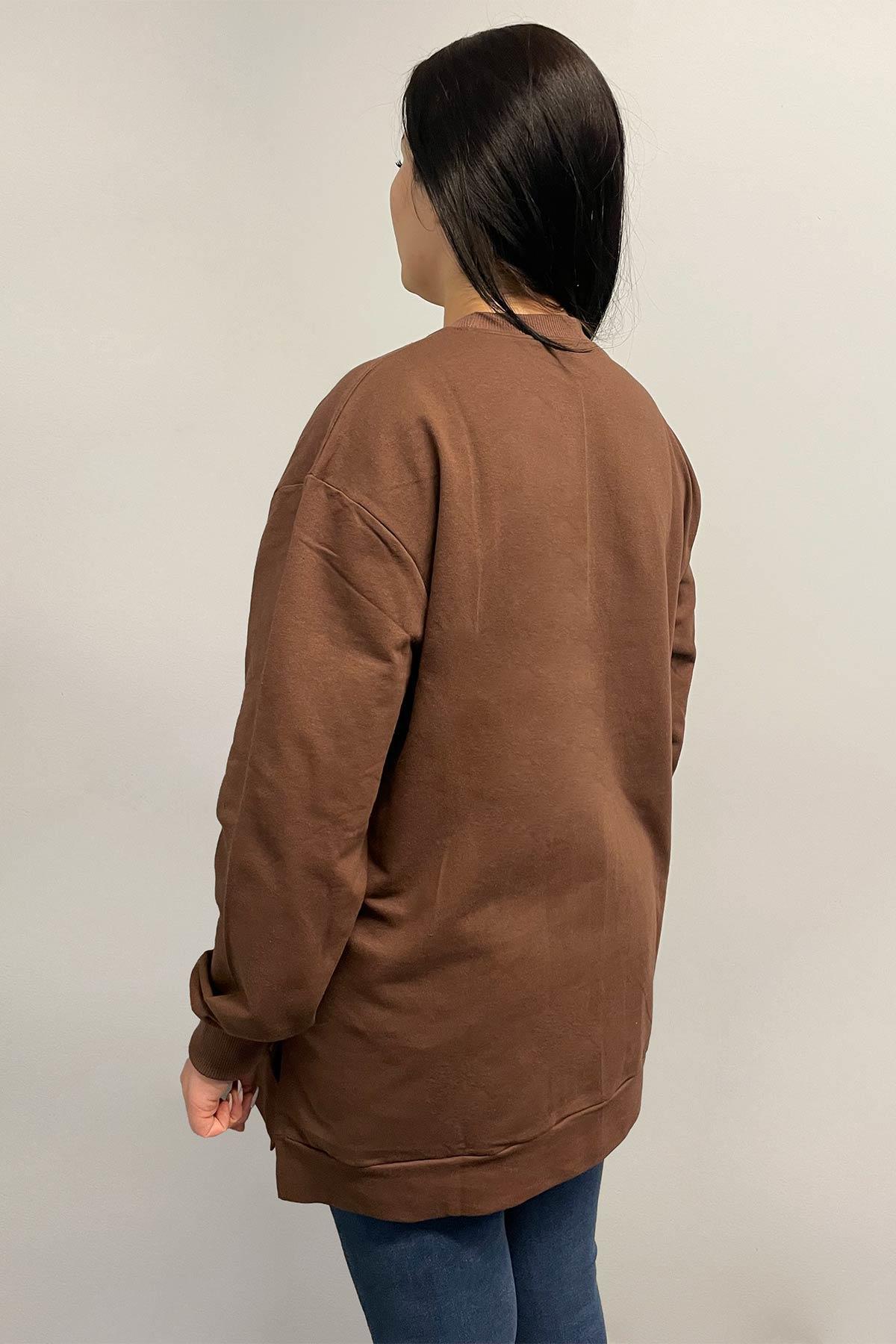 Sweatshirt Büyük Beden Yanları Yırtmaçlı Oversize Sweatshirt Kahverengi