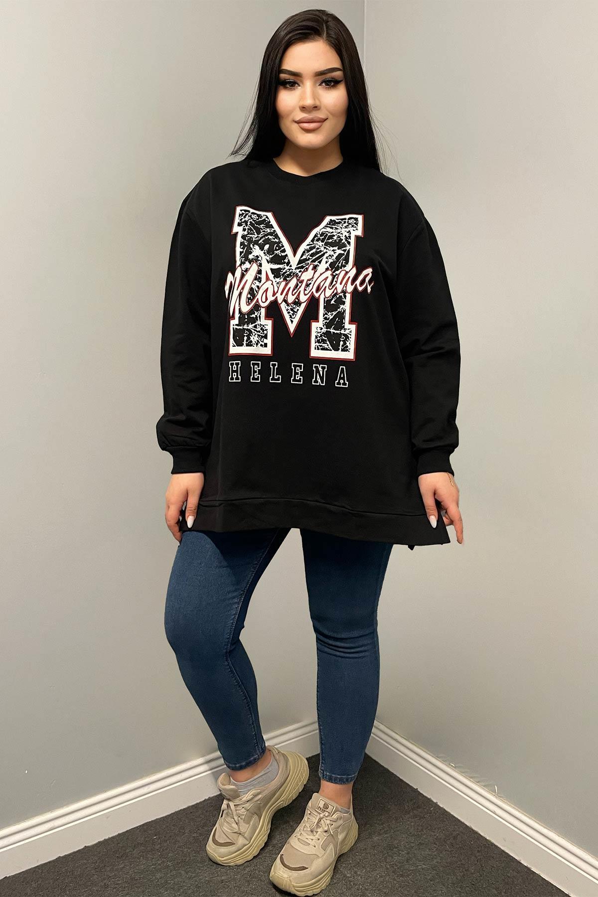 Sweatshirt Büyük Beden Yanları Yırtmaçlı Oversize Sweatshirt Siyah