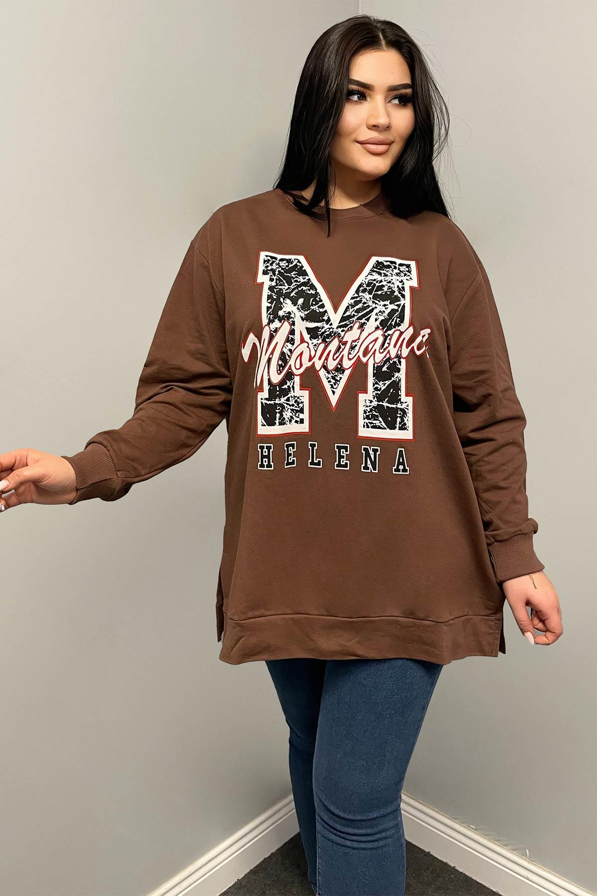 Sweatshirt Büyük Beden Yanları Yırtmaçlı Oversize Sweatshirt Kahverengi