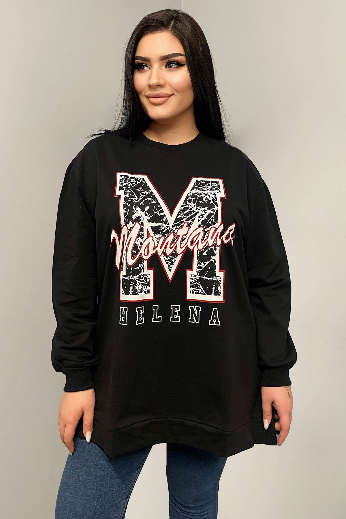 Sweatshirt Büyük Beden Yanları Yırtmaçlı Oversize Sweatshirt Siyah