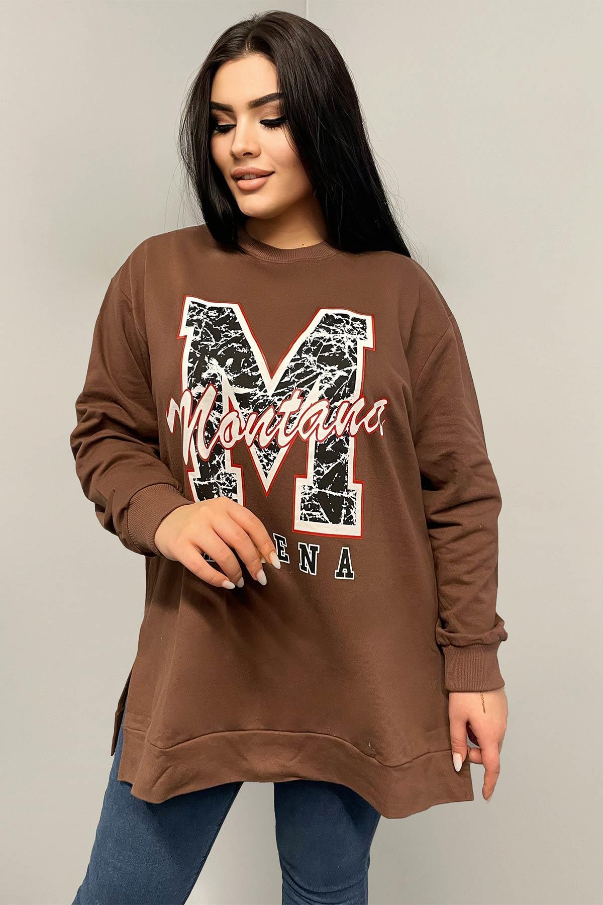 Sweatshirt Büyük Beden Yanları Yırtmaçlı Oversize Sweatshirt Kahverengi