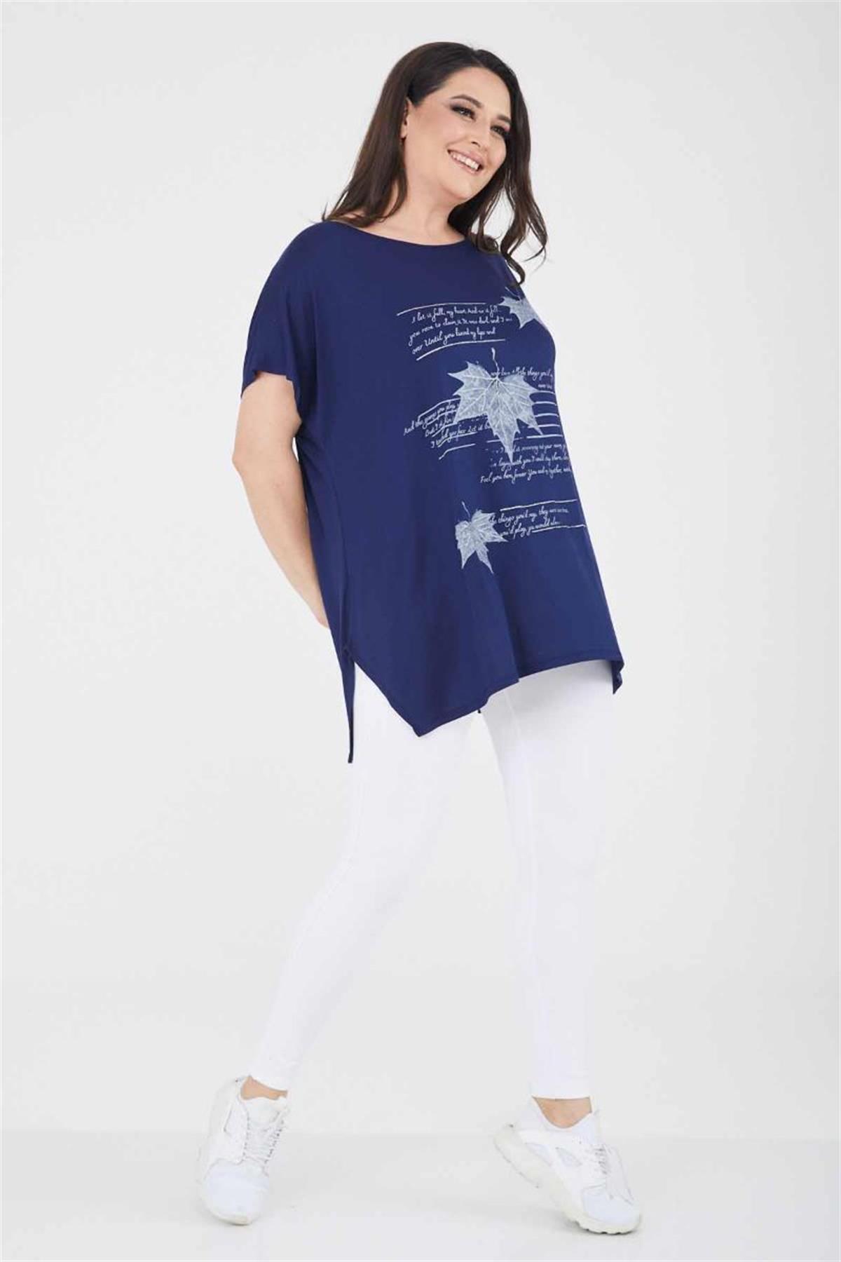 Tshirt Büyük Beden Yaprak Baskılı Oversize Pamuklu Likralı T-Shirt Lacivert
