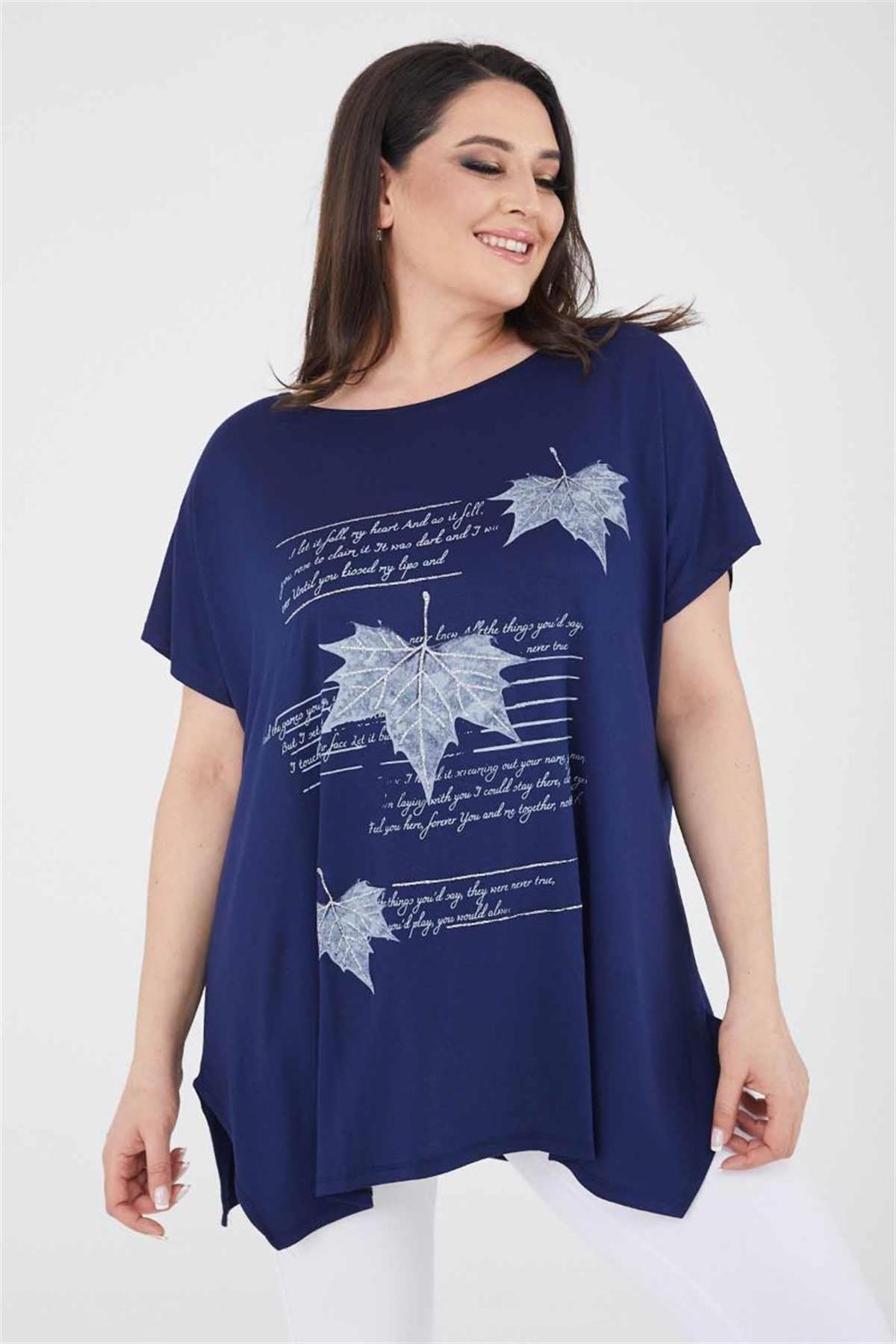 Tshirt Büyük Beden Yaprak Baskılı Oversize Pamuklu Likralı T-Shirt Lacivert