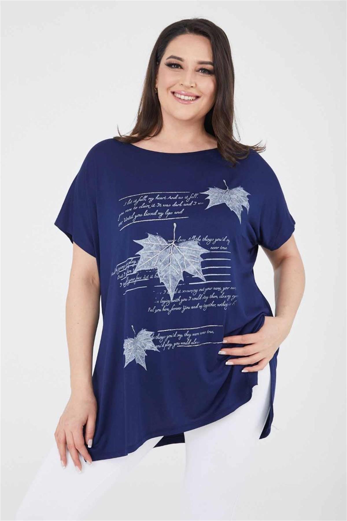 Tshirt Büyük Beden Yaprak Baskılı Oversize Pamuklu Likralı T-Shirt Lacivert