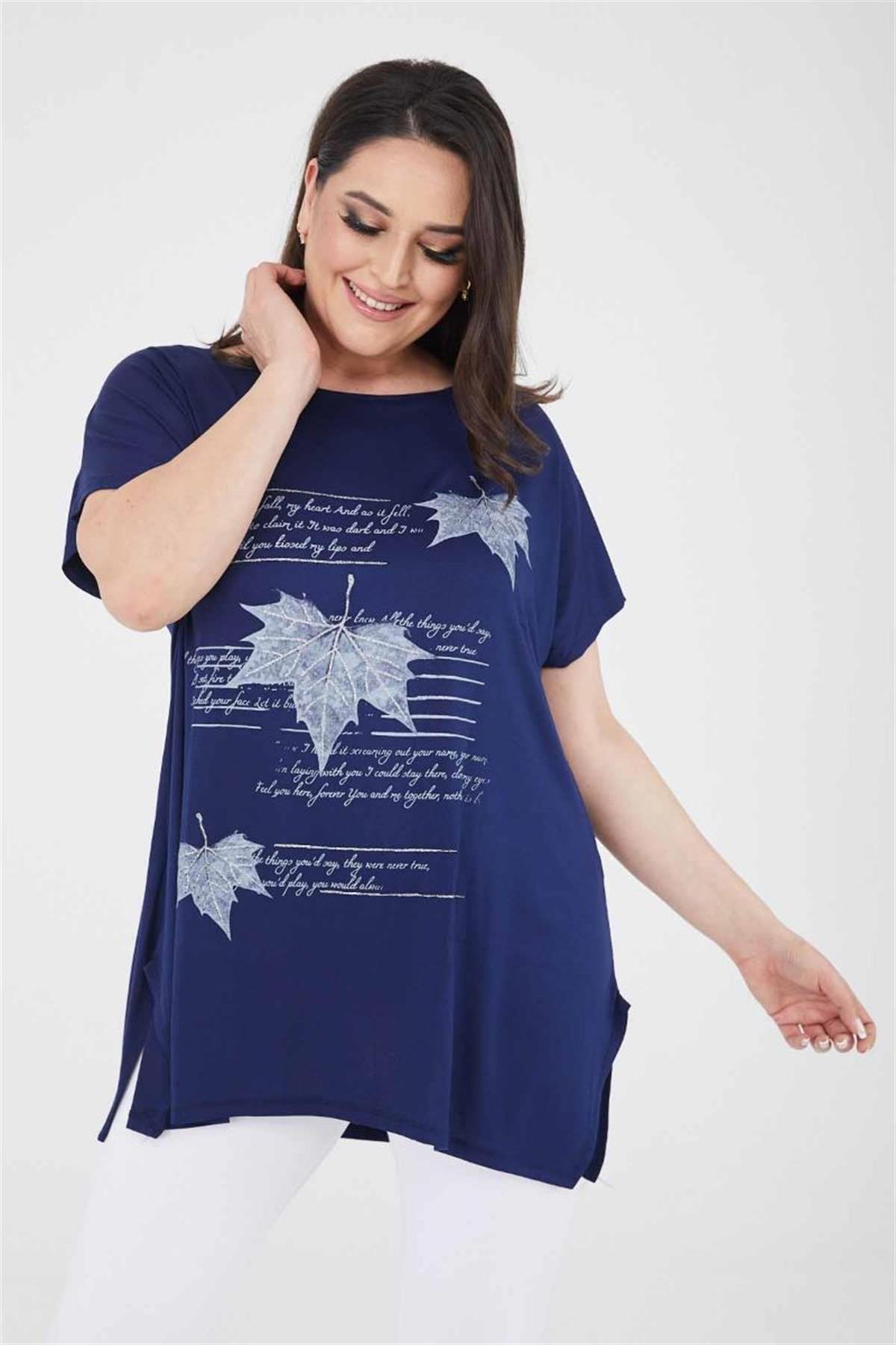 Tshirt Büyük Beden Yaprak Baskılı Oversize Pamuklu Likralı T-Shirt Lacivert