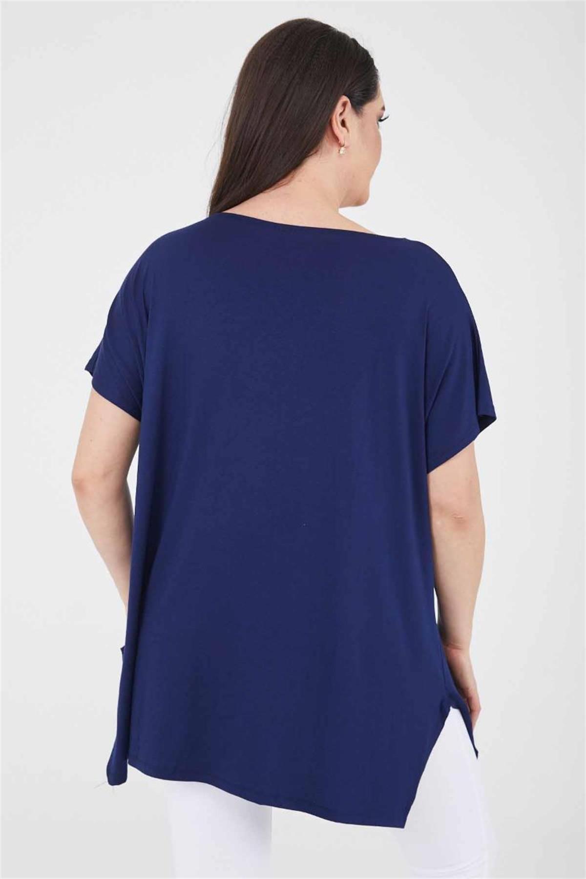 Tshirt Büyük Beden Yaprak Baskılı Oversize Pamuklu Likralı T-Shirt Lacivert