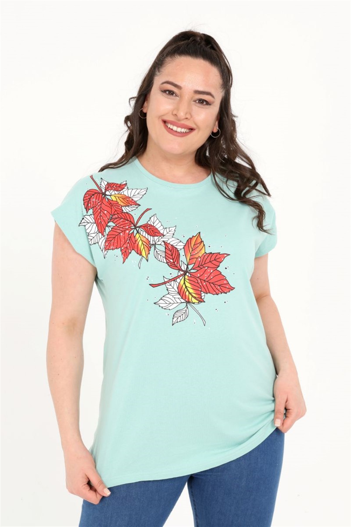 Tshirt Büyük Beden Yaprak Baskılı Yarasa Kol T-Shirt Mint Yeşili
