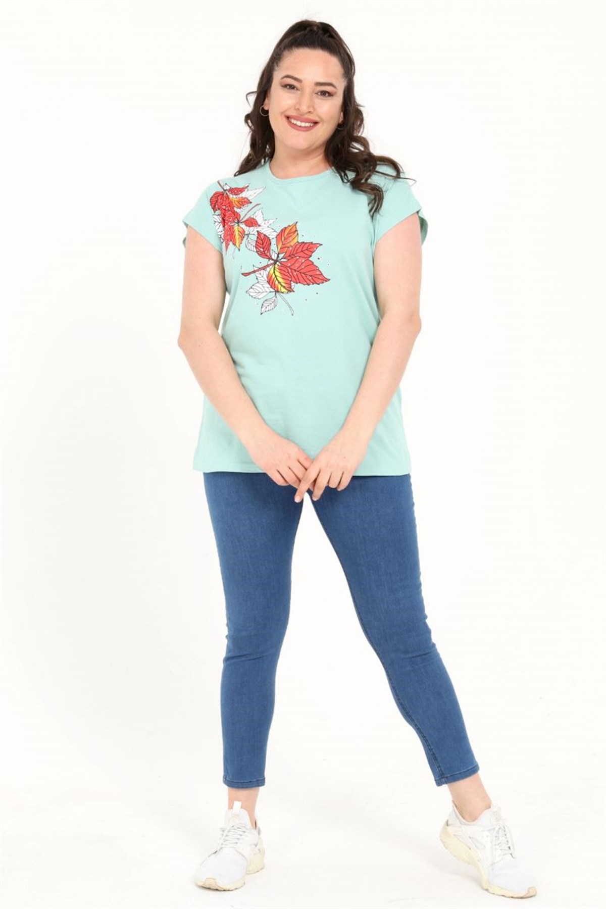 Tshirt Büyük Beden Yaprak Baskılı Yarasa Kol T-Shirt Mint Yeşili