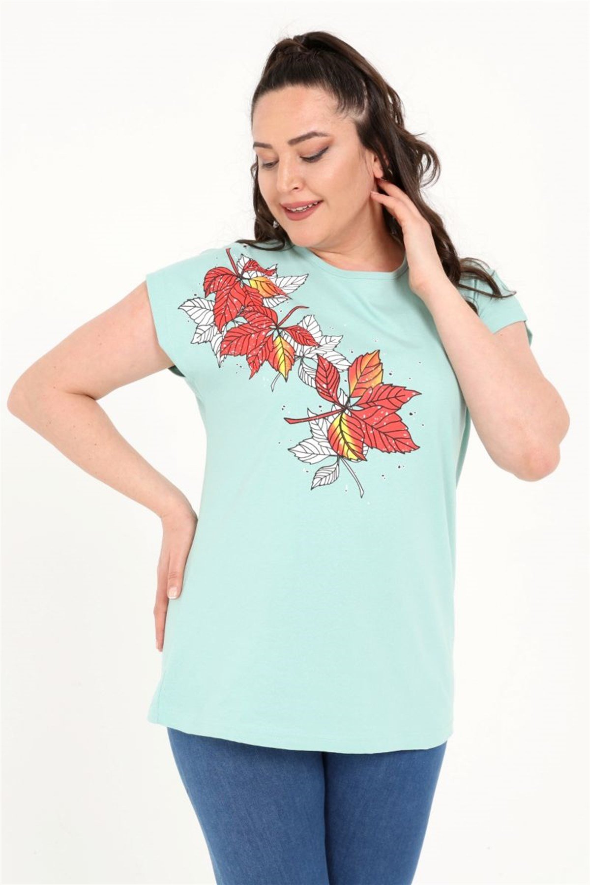 Tshirt Büyük Beden Yaprak Baskılı Yarasa Kol T-Shirt Mint Yeşili
