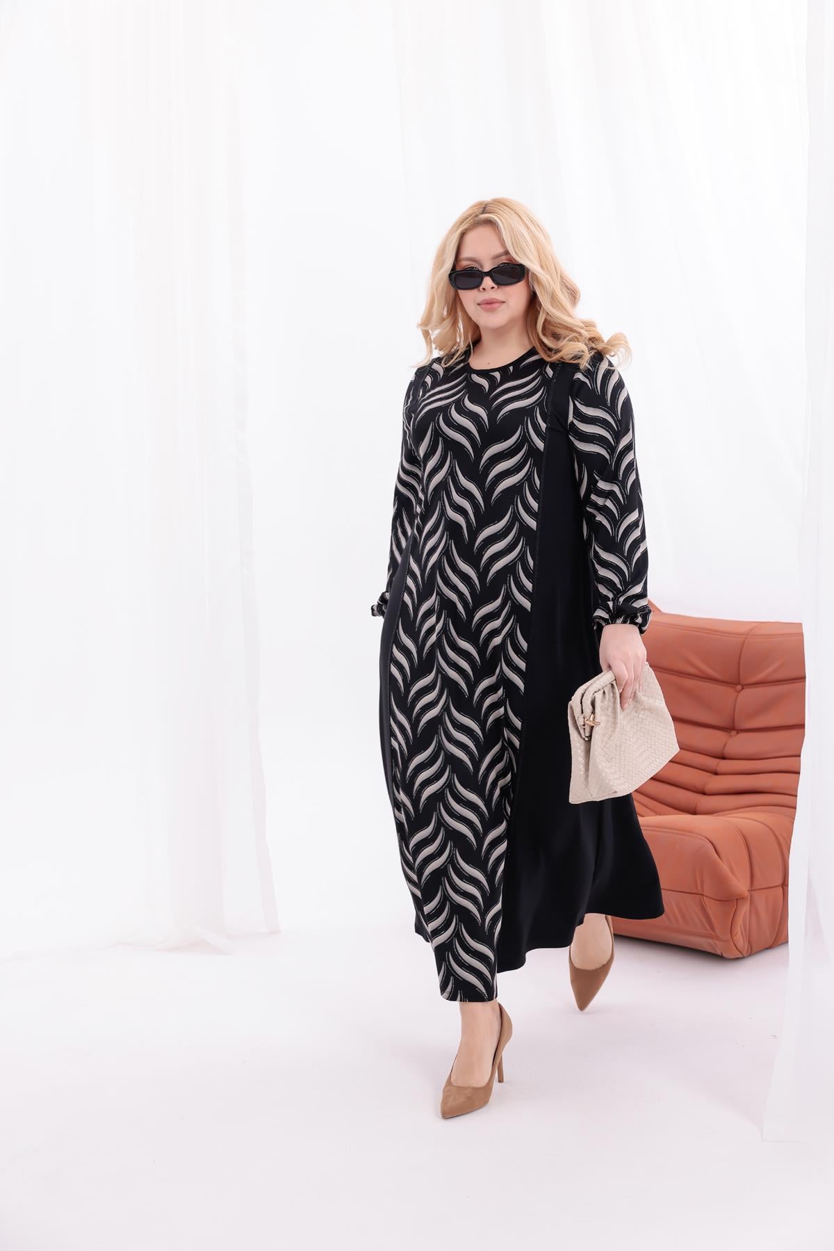 Elbise Büyük Beden Yaprak Desenli Taşlı Elbise