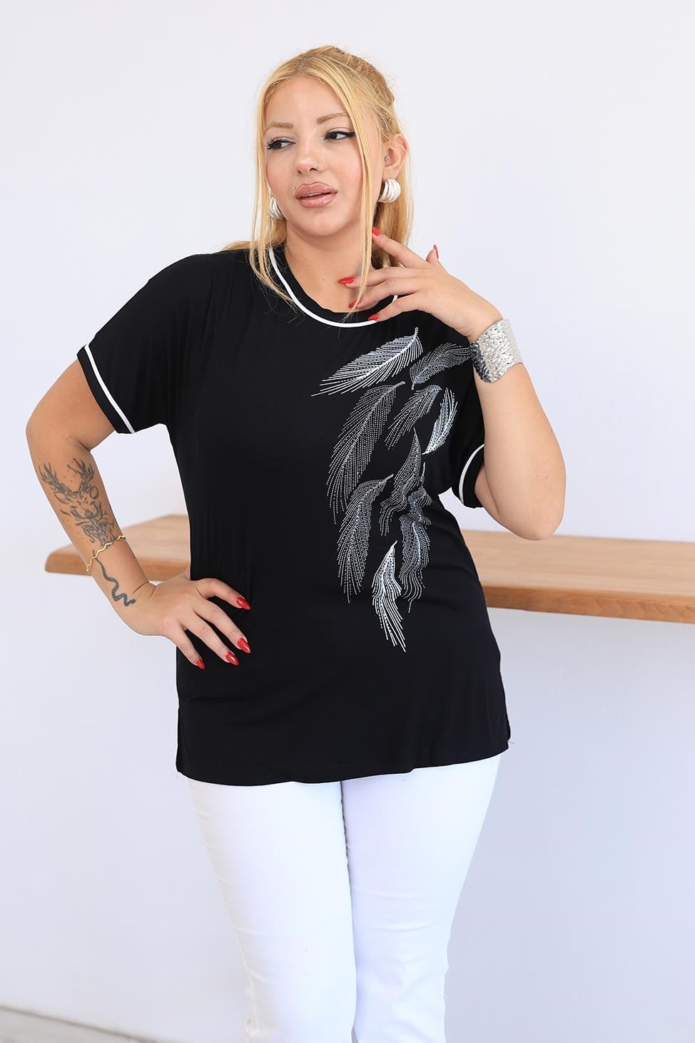 Kısa Kol Bluz Büyük Beden Yaprak Taş Baskılı Bluz
