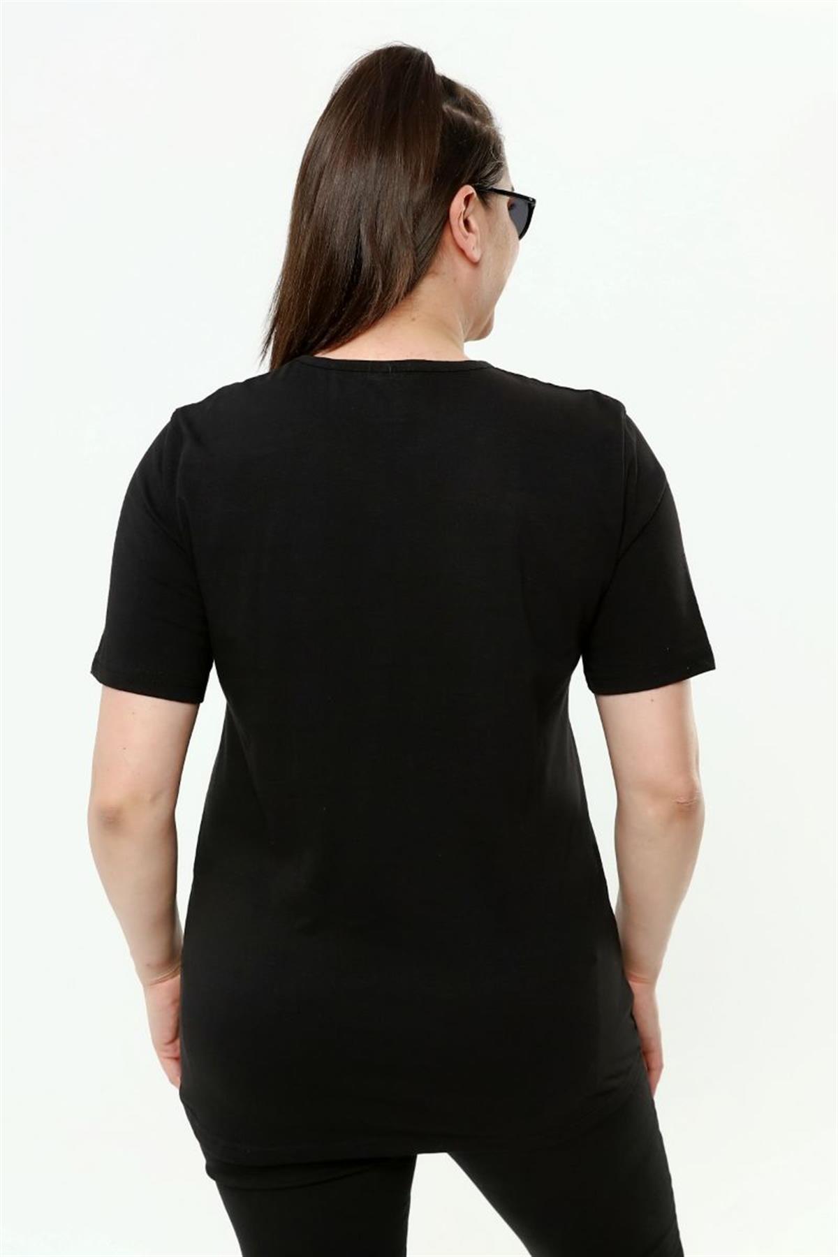 Tshirt Büyük Beden Yazı Baskılı Bisiklet Yaka T-Shirt Siyah