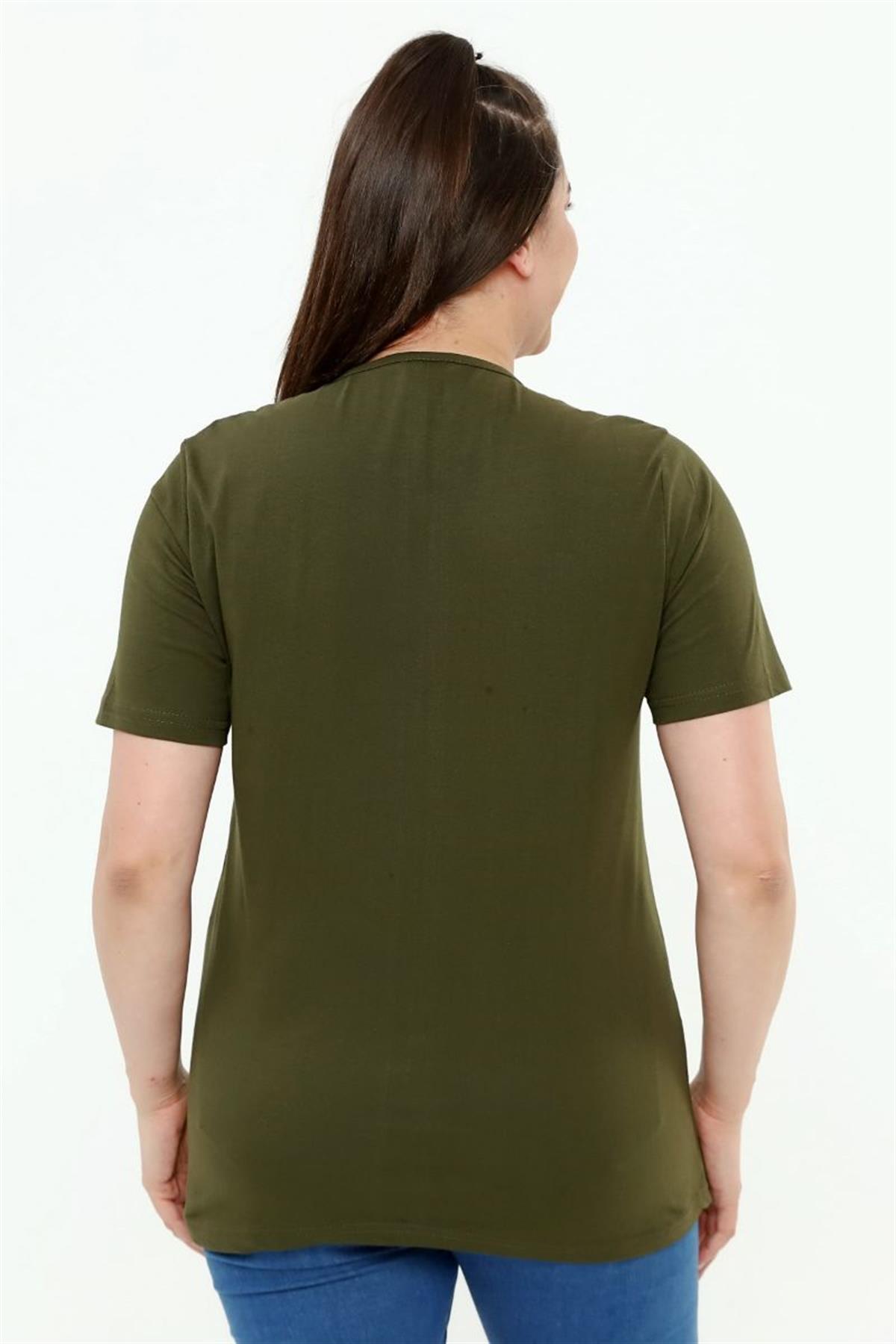 Tshirt Büyük Beden Yazı Baskılı Bisiklet Yaka T-Shirt Haki