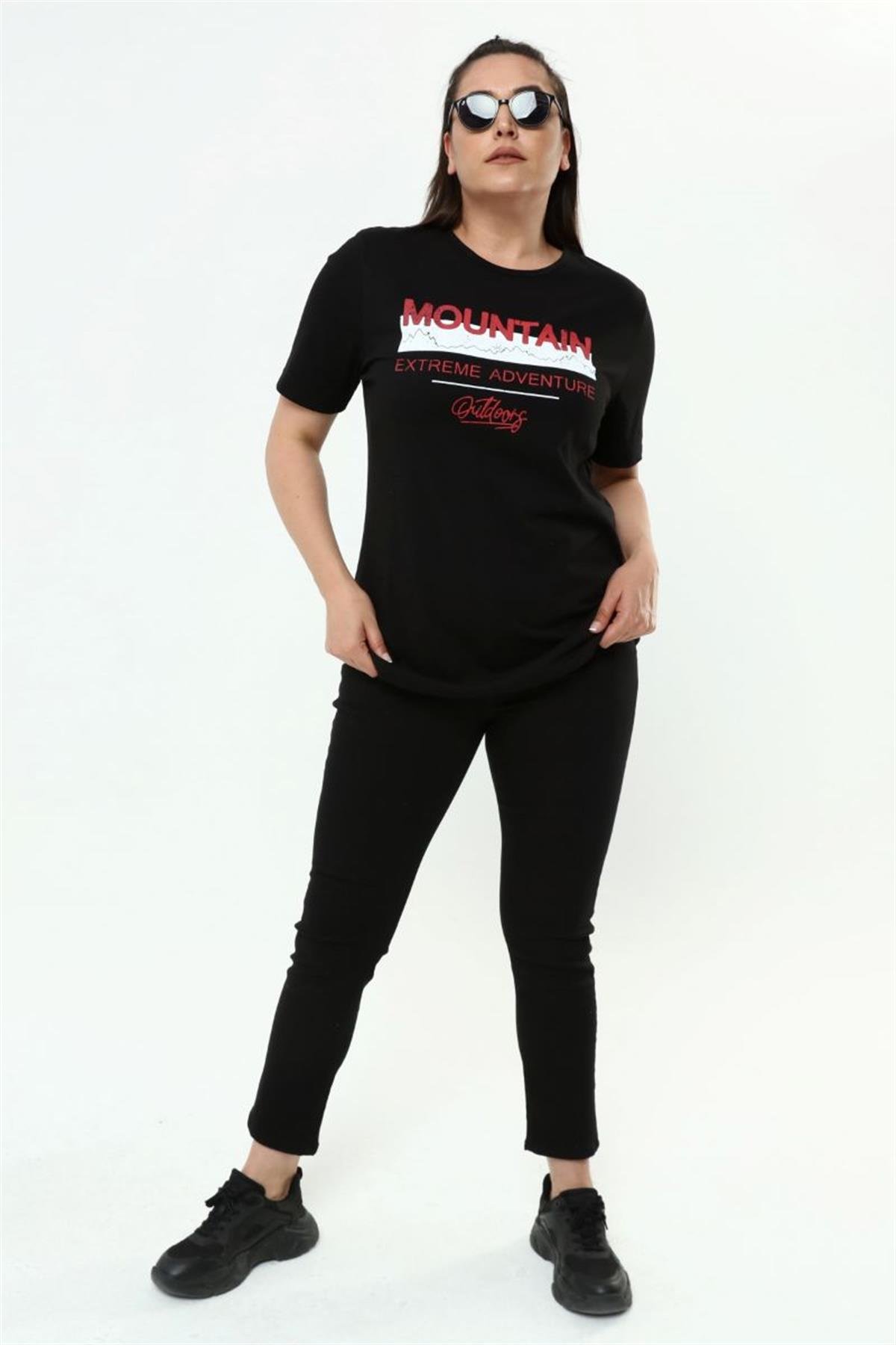 Tshirt Büyük Beden Yazı Baskılı Bisiklet Yaka T-Shirt Siyah