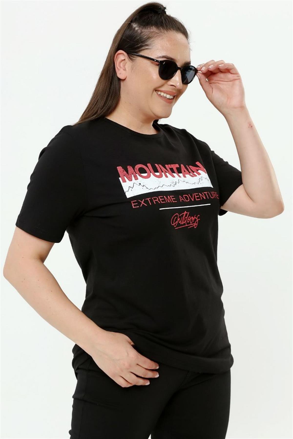 Tshirt Büyük Beden Yazı Baskılı Bisiklet Yaka T-Shirt Siyah