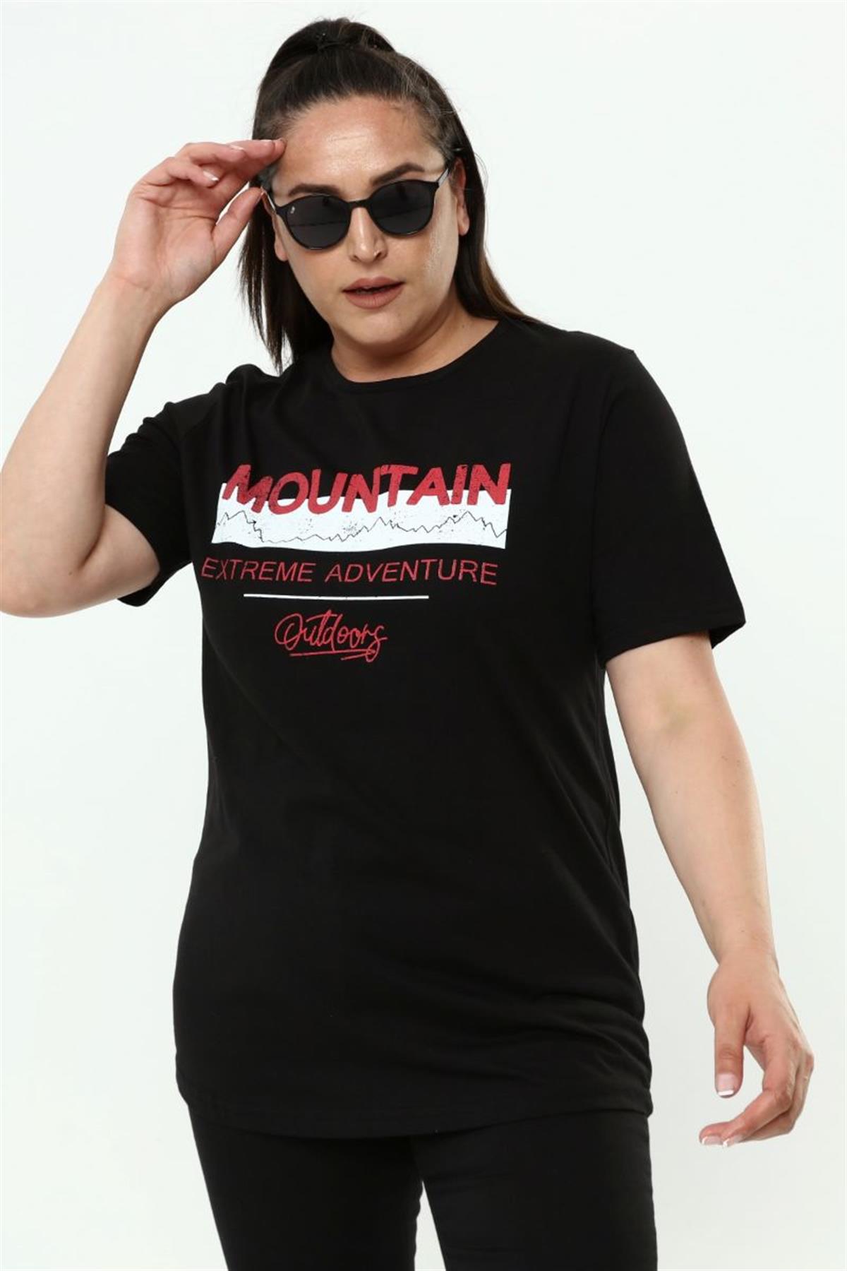 Tshirt Büyük Beden Yazı Baskılı Bisiklet Yaka T-Shirt Siyah