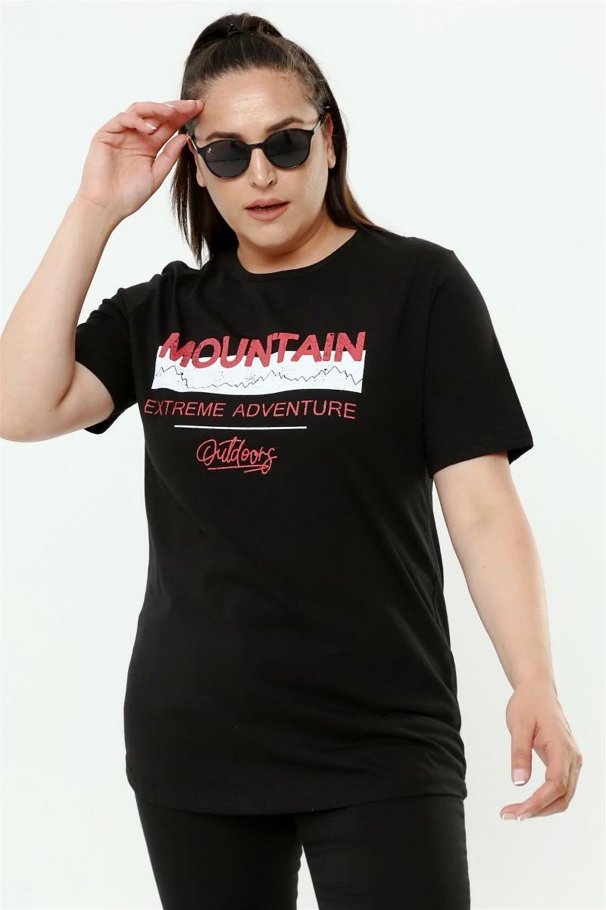 Tshirt Büyük Beden Yazı Baskılı Bisiklet Yaka T-Shirt Siyah